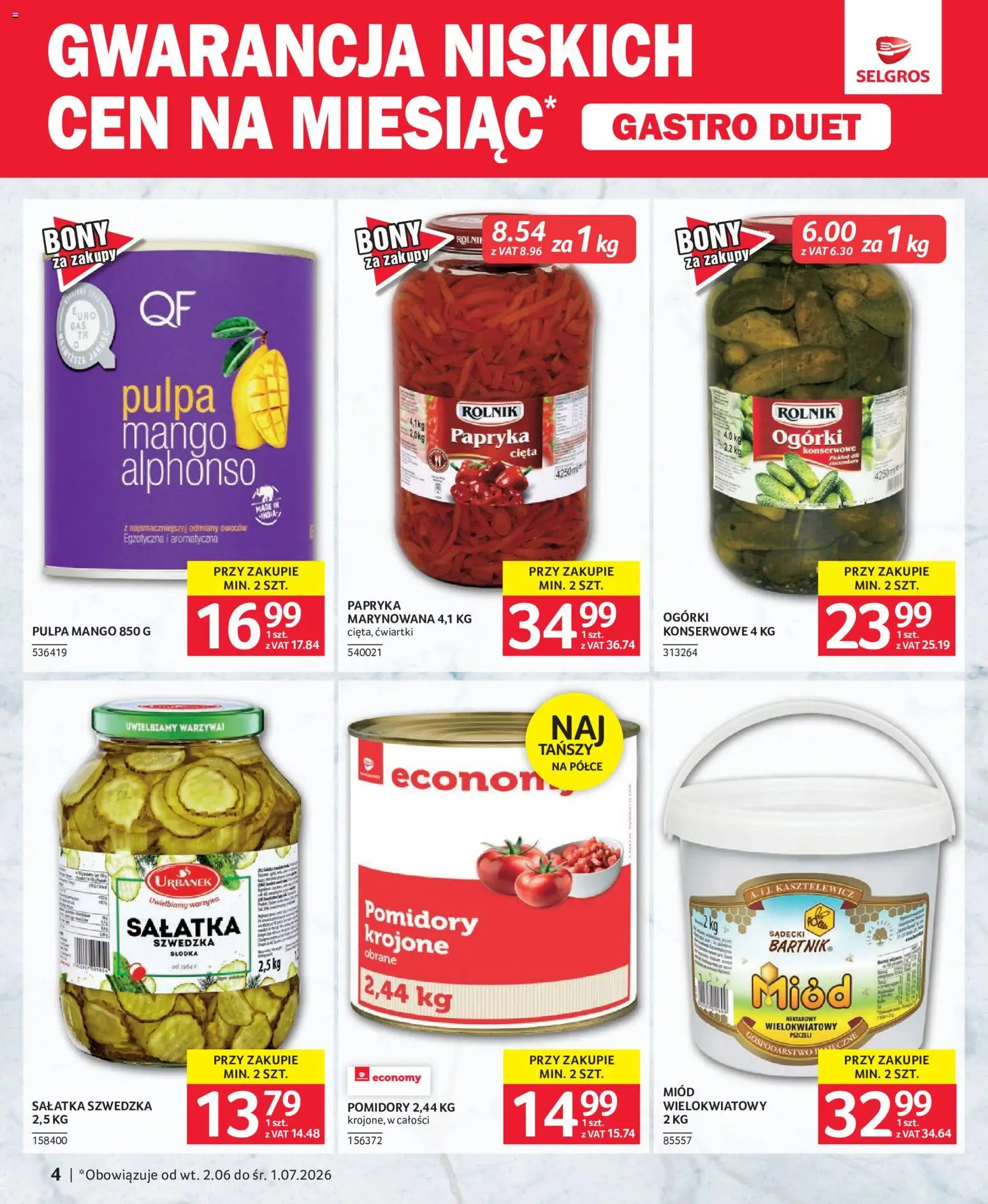 Selgros cash&carry gazetka - Gastro Duet od 02.06.2026 | Strona: 4 | Produkty: Miód, Sałatka szwedzka, Pulpa mango, Ogórki