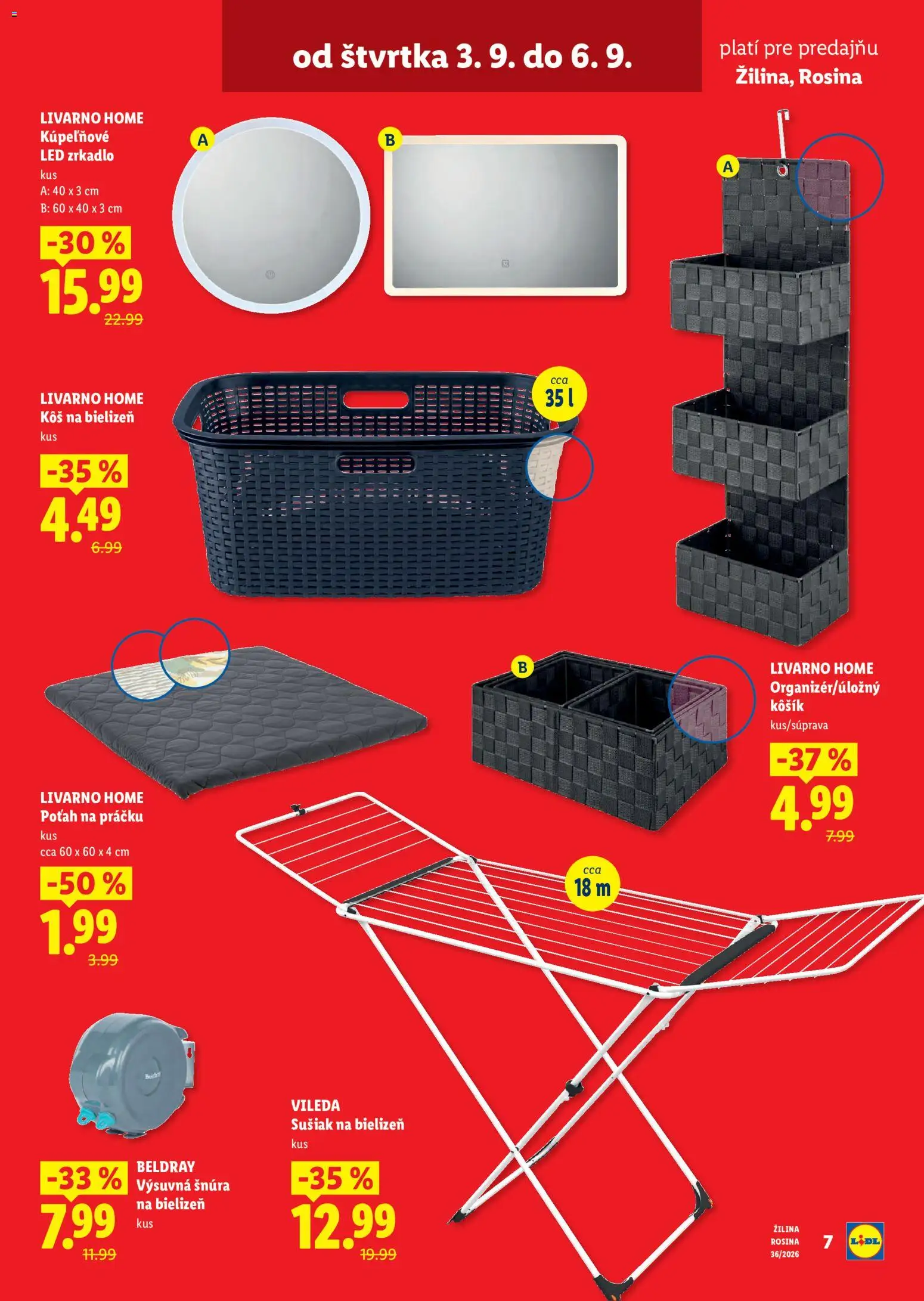 Nové Lidl akcie – leták je platný od 03.09.2026 | Strana: 7 | Produkty: Zrkadlo, Kôš na bielizeň, Led, Kôš