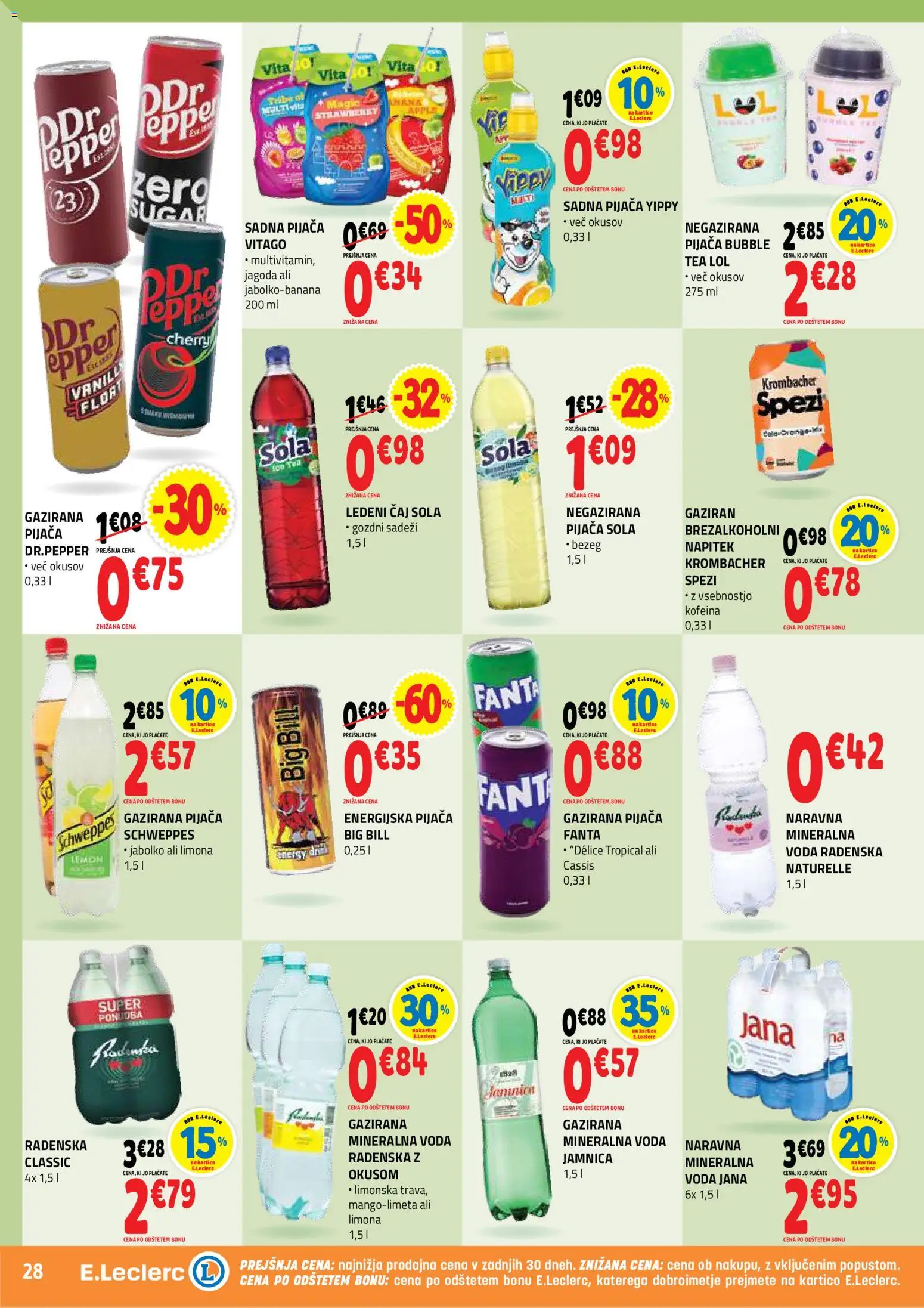 Novi E.leclerc katalog ponudbe – veljaven od 20.05.2026 | Stran: 28 | Izdelki: Ledeni čaj, Mineralna voda, Caj, Limona