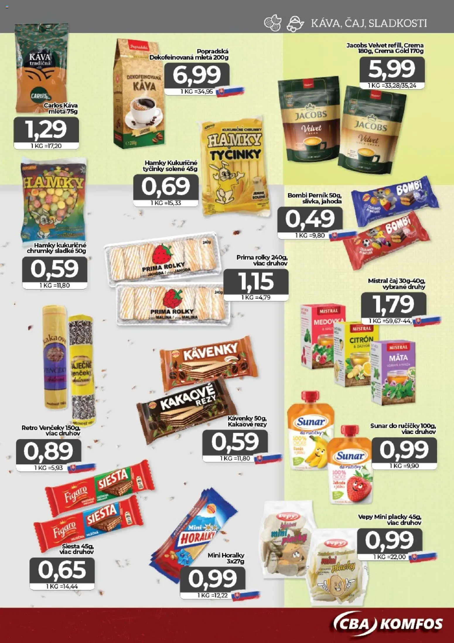 Nové CBA Komfos akcie – leták je platný od 22.05.2026 | Strana: 9 | Produkty: Káva, Čaj, Sunar, Horálky