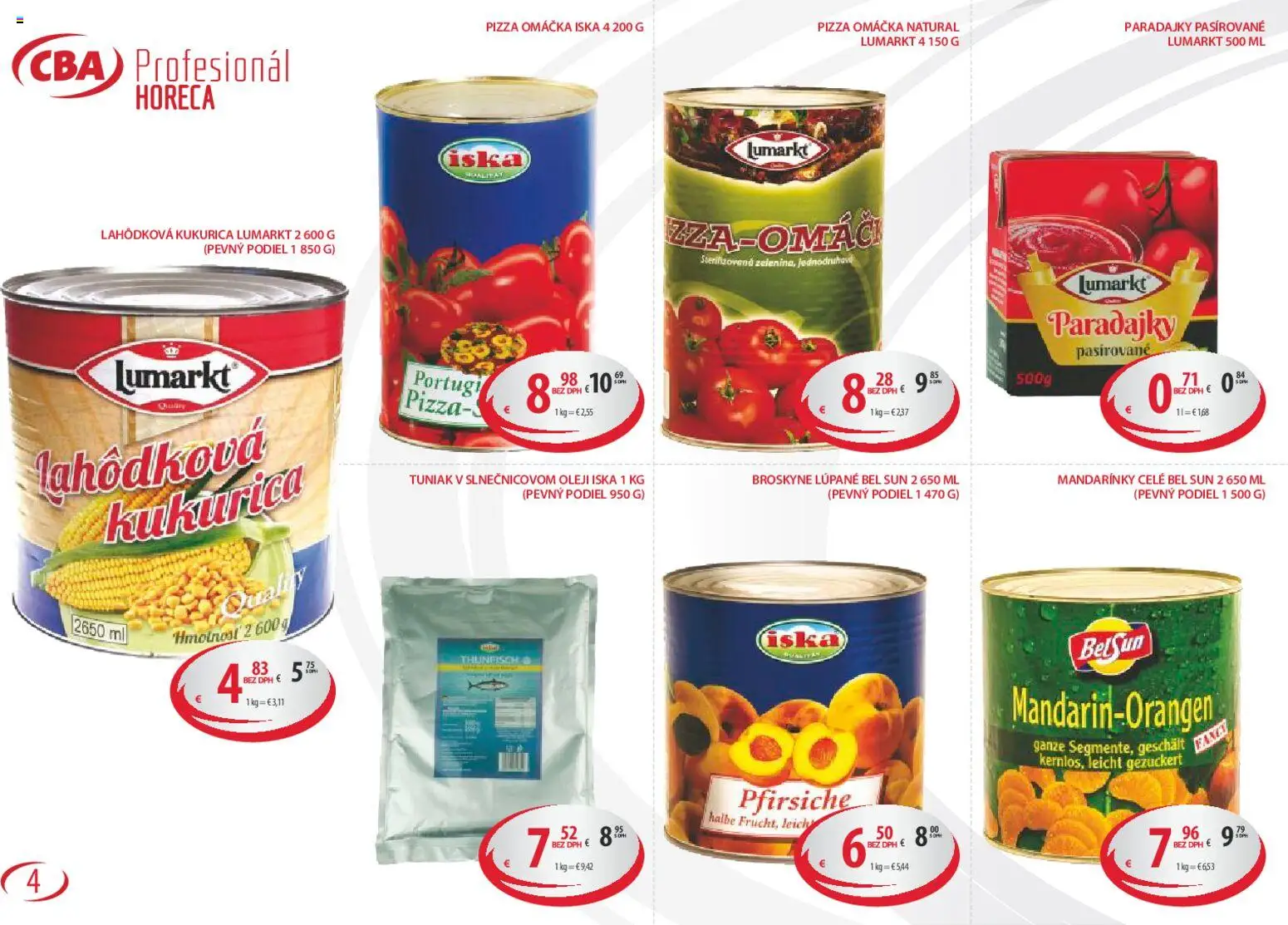 Nové CBA Komfos akcie – leták je platný od 01.09.2026 | Strana: 4 | Produkty: Tuniak, Pizza, Paradajky, Mandarinky
