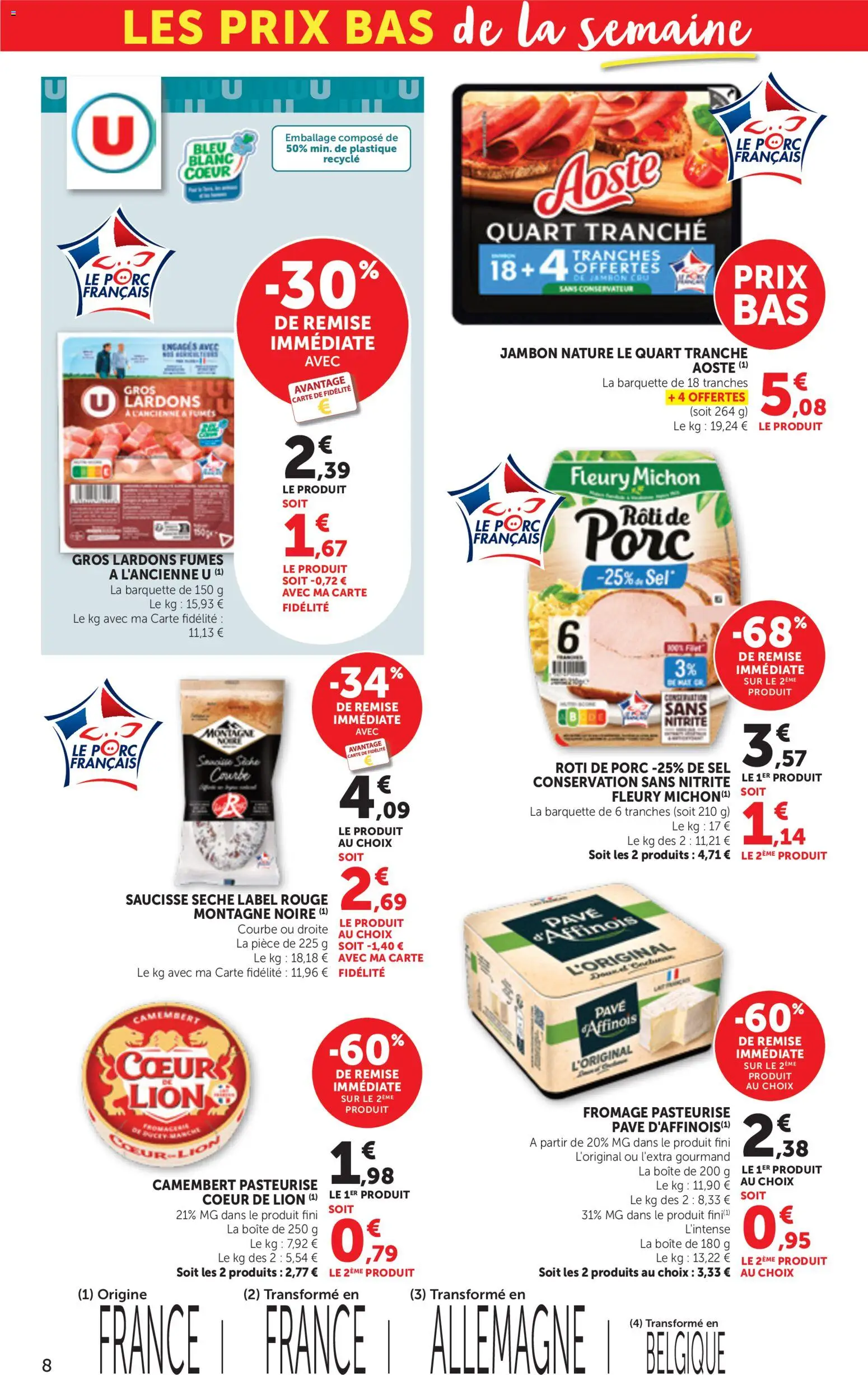 {H1} | Page: 8 | Produits: Lardons, Rôti de porc, Jambon, Camembert