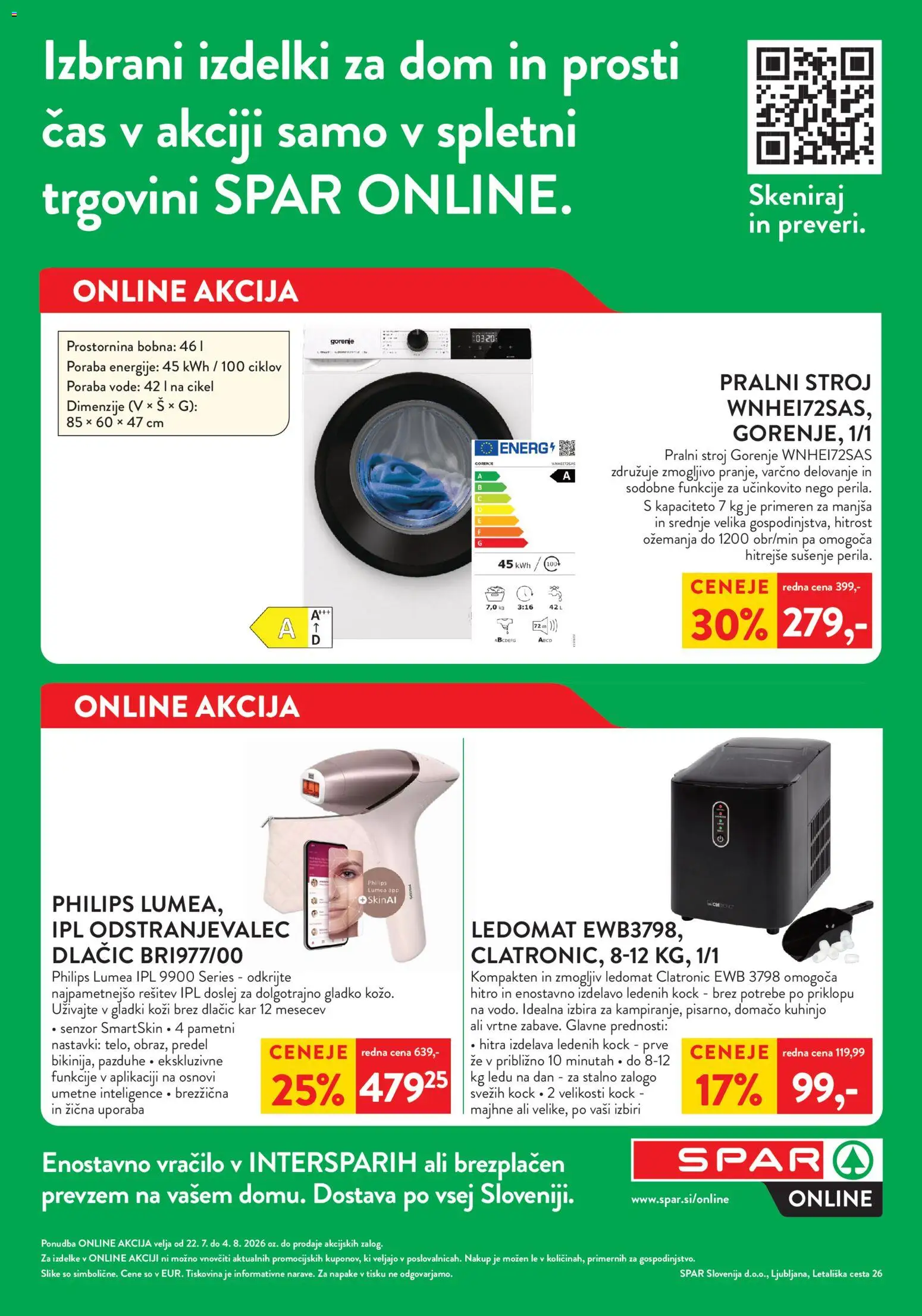 Novi Spar katalog ponudbe – veljaven od 22.07.2026 | Stran: 1 | Izdelki: Pralni stroj, Ledomat