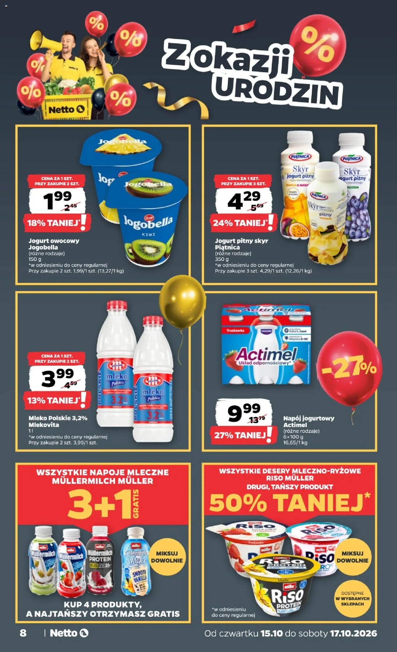 Netto gazetka od czwartku od 15.10.2026 | Strona: 8 | Produkty: Piątnica, Mleko, Jogurt, Skyr