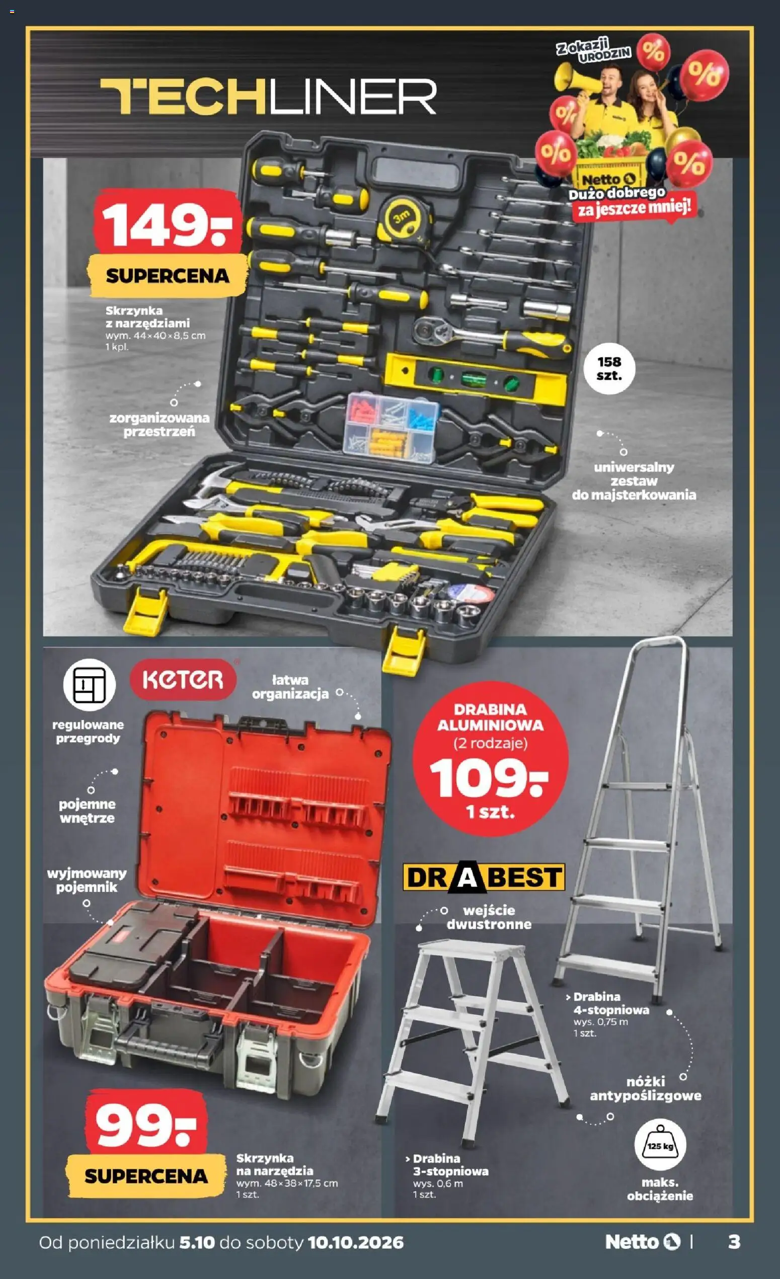Netto gazetka od poniedziałku NonFood od 05.10.2026 | Strona: 3 | Produkty: Narzędzia, Drabina, Drabina aluminiowa