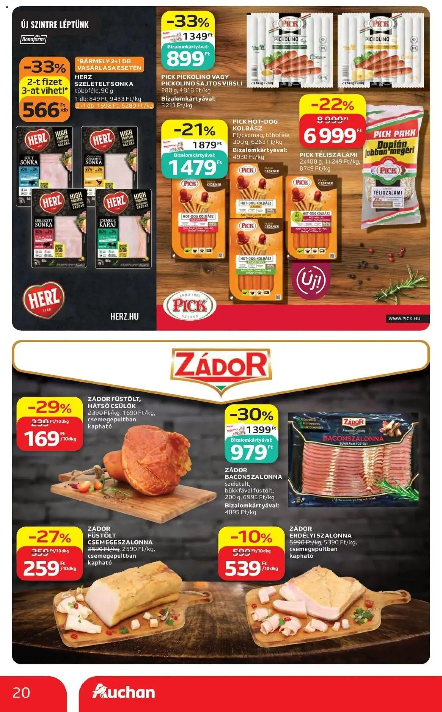 Auchan akciós ujság - amely érvényes a következő dátumtól: 14.05.2026 | Oldal: 20 | Termékek: Virsli, Pick téliszalámi, Protein, Téliszalámi