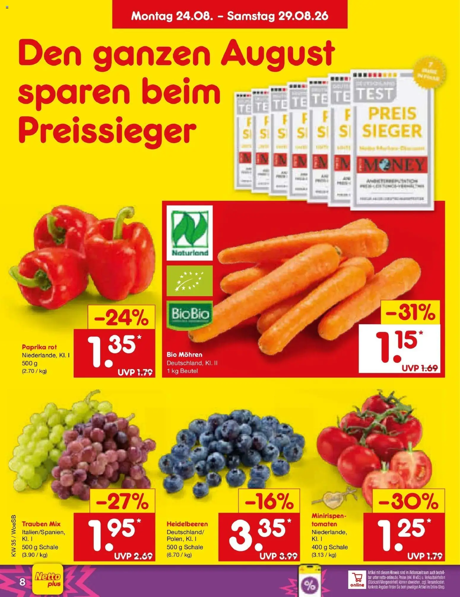 Netto Marken-Discount Prospekt Gemmingen (ab 24.08.2026) » Angebote | Seite: 10 | Produkte: Tomaten, Mohren, Heidelbeeren, Paprika