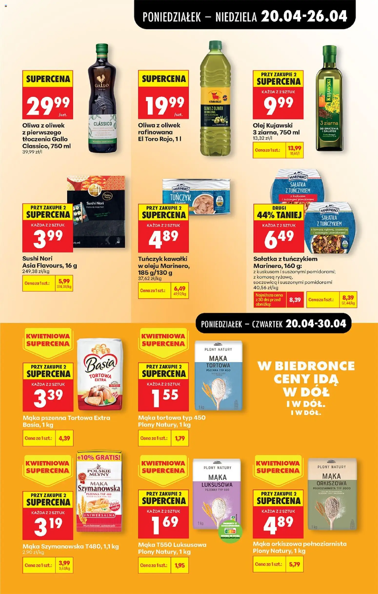 Biedronka gazetka od poniedziałku od 20.04.2026 | Strona: 73 | Produkty: Mąka szymanowska, Tuńczyk, Olej, Soczewica