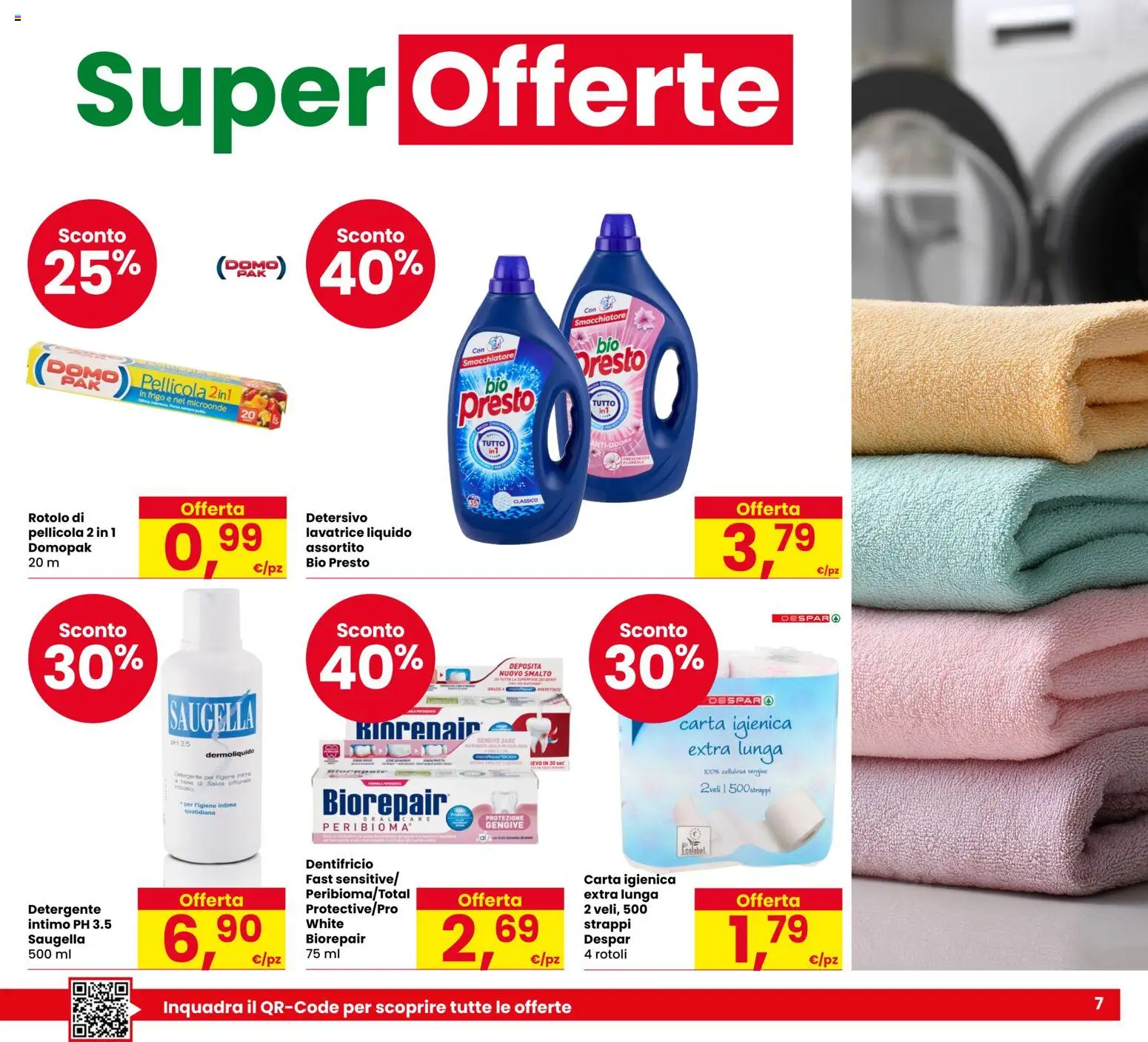 Volantino Despar del 29/10/2026 | Pagina: 7 | Prodotti: Carta igienica, Dentifricio, Detergente, Lavatrice