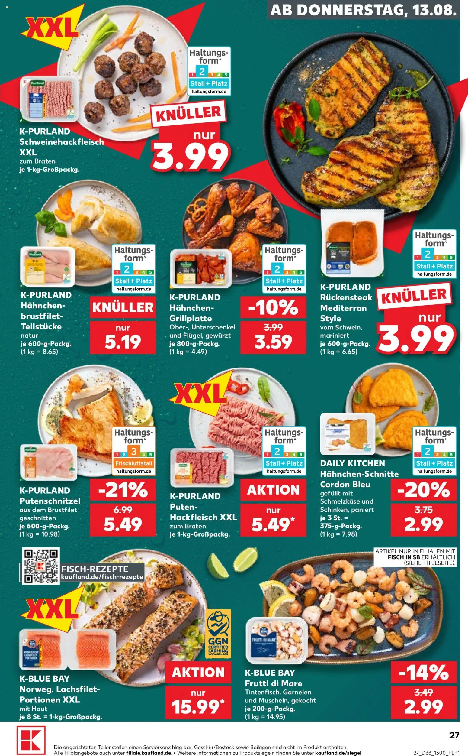 Kaufland Prospekt Bremen – gültig ab 13.08.2026 | Seite: 27 | Produkte: Beilagen, Garnelen, Fisch, Hackfleisch