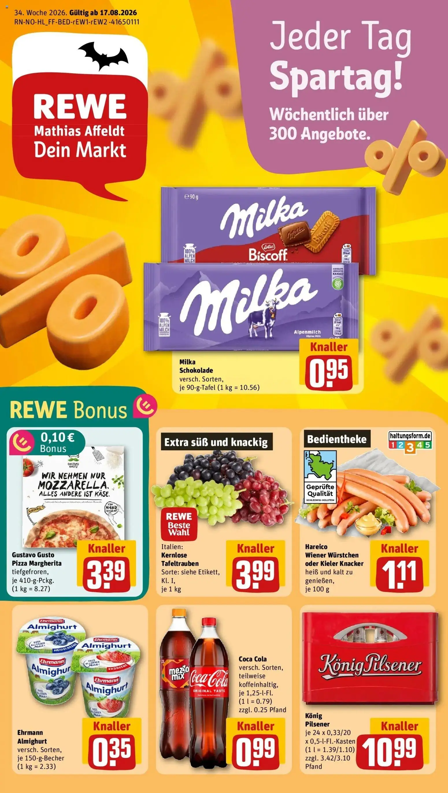 REWE Prospekt ab 17.08.2026 zum Blättern » Angebote | Seite: 1 | Produkte: Gustavo gusto, Coca cola, Schokolade, Pizza