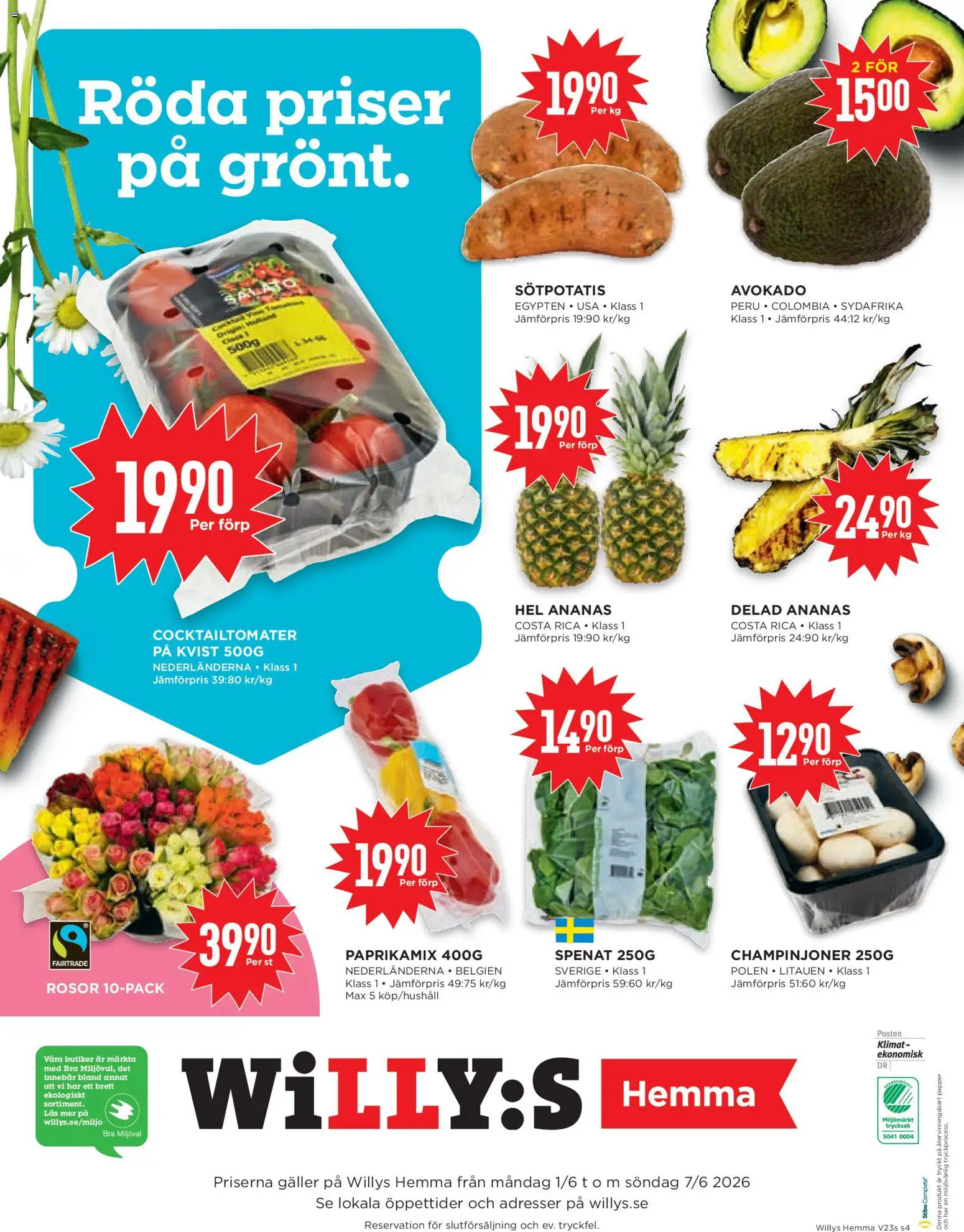 Willys reklamblad aktuell från 01.06.2026 | Sida: 4 | Produkter: Spenat, Champinjoner, Papper, Ananas