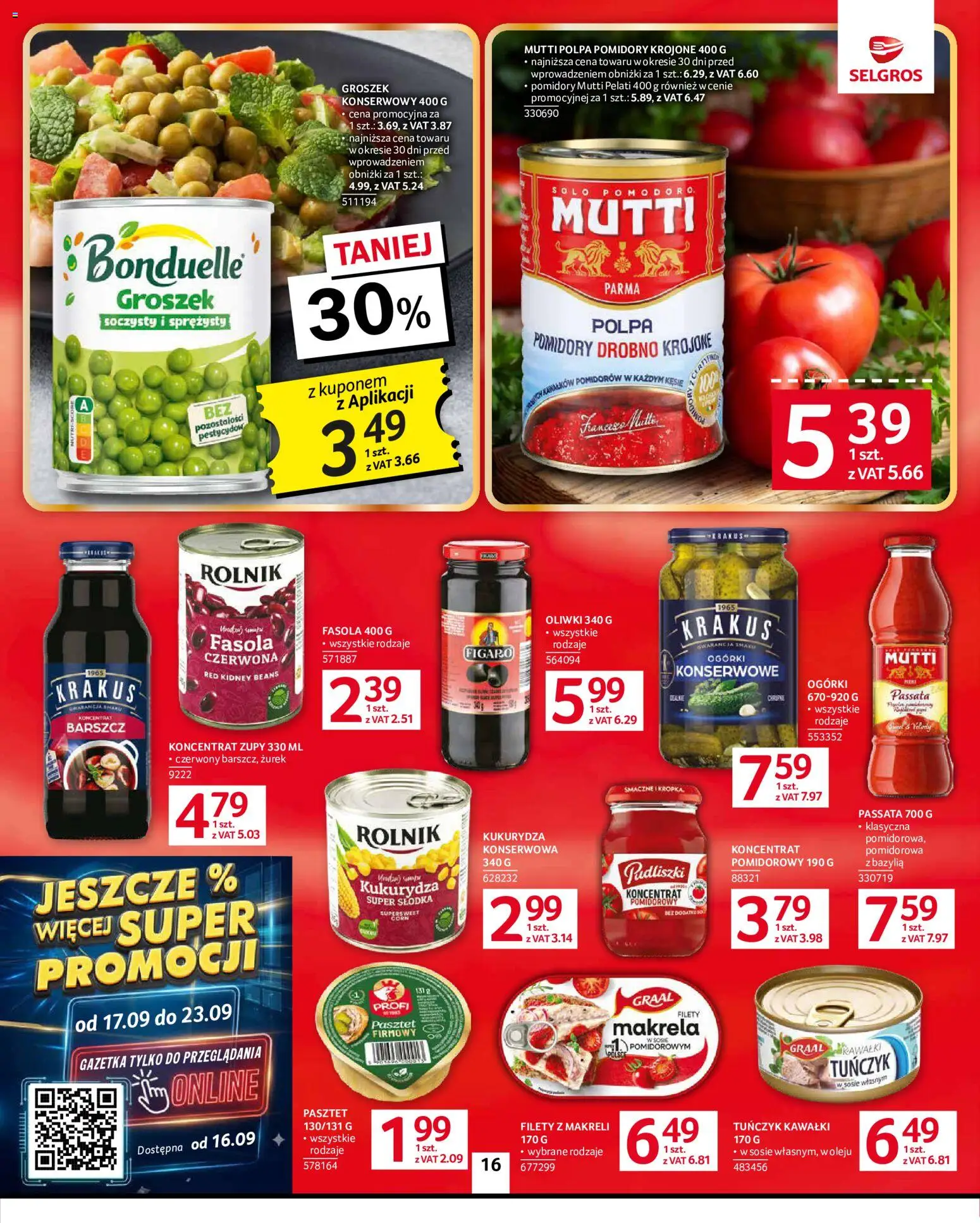 Selgros cash&carry gazetka od 10.09.2026 | Strona: 16 | Produkty: Koncentrat pomidorowy, Pasztet, Makrela, Groszek konserwowy