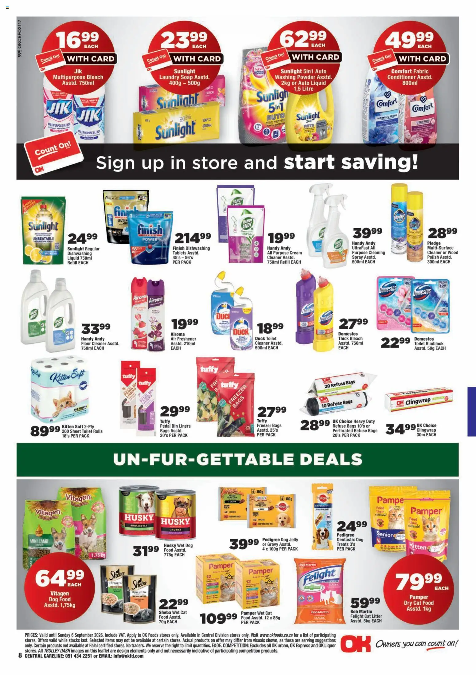 New OK Foods catalogue – valid from 25/08/2026 | Page: 8 | Products: Conditioner, Refuse bags, Washing powder, Dog food