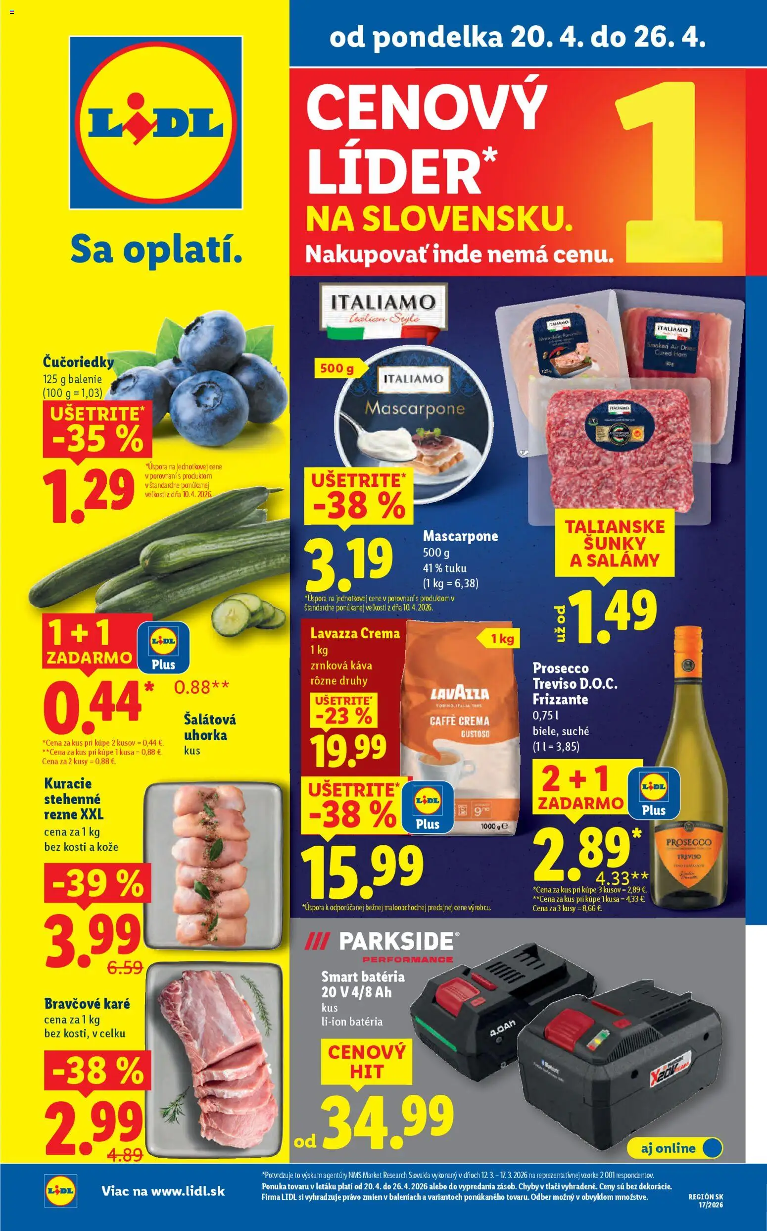 Nové Lidl akcie – leták je platný od 20.04.2026 | Strana: 1 | Produkty: Parkside, Prosecco, Batéria