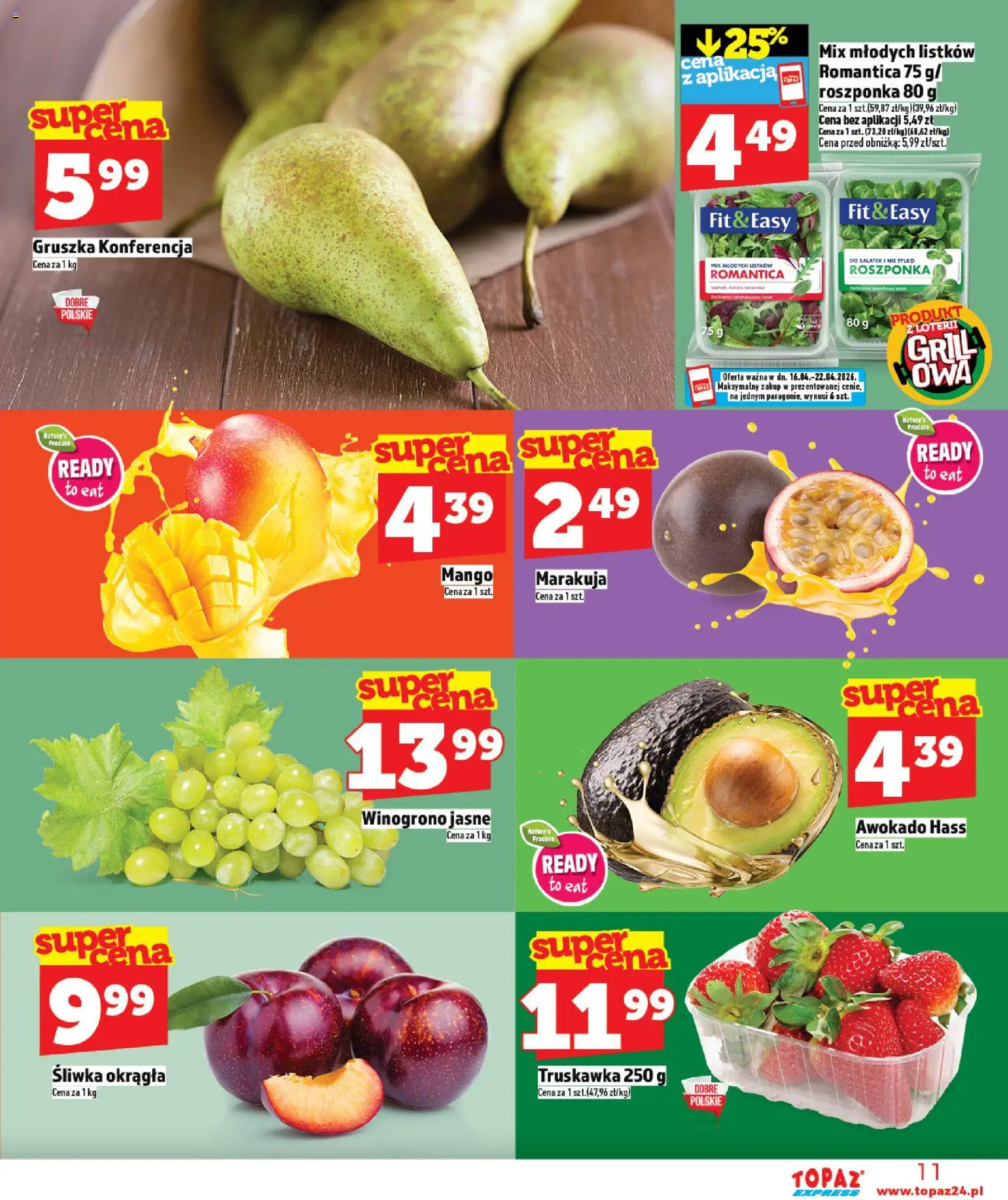 Topaz gazetka - Express od 16.04.2026 | Strona: 11 | Produkty: Gruszka, Winogrono, Roszponka, Awokado