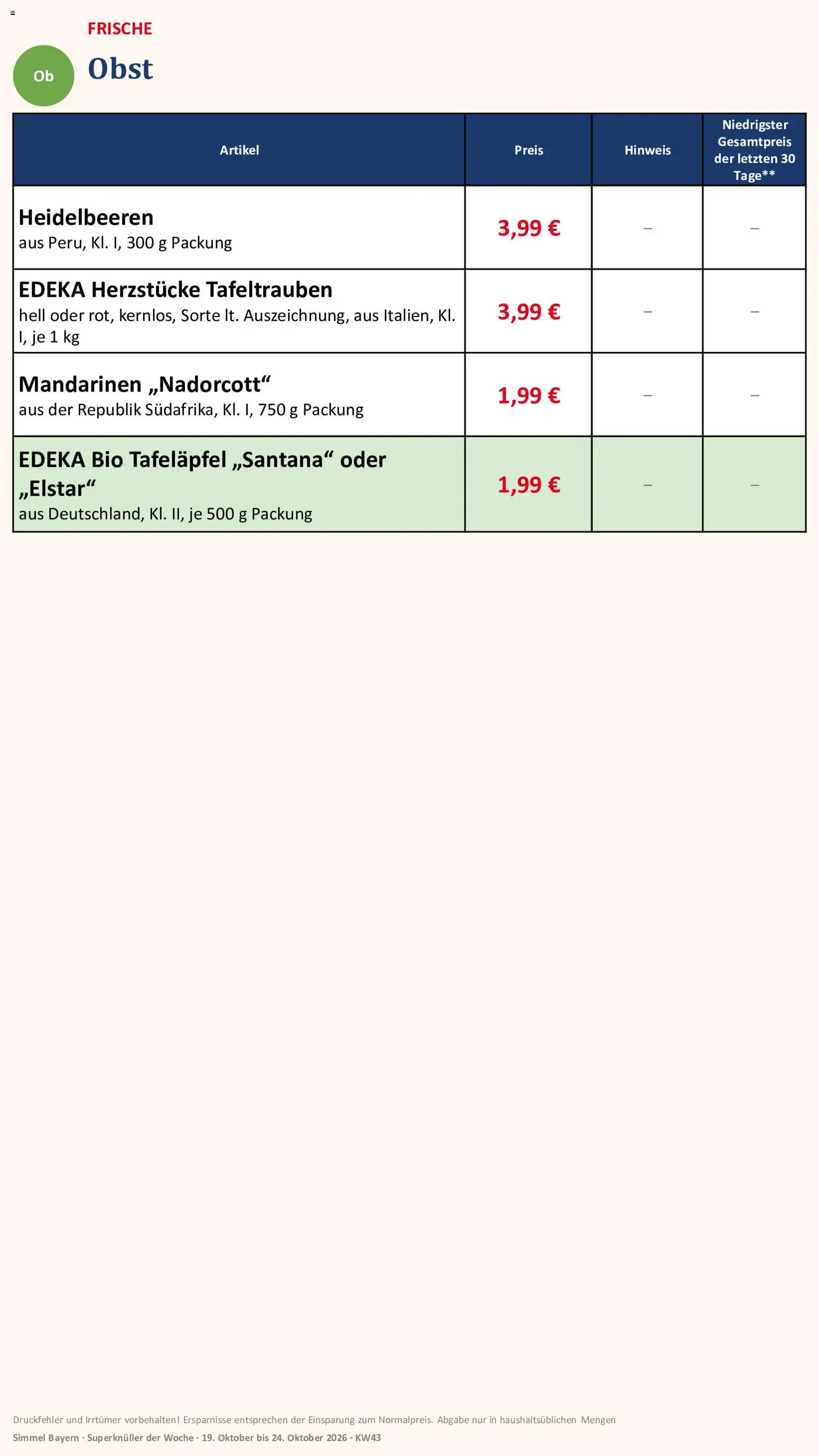 Simmel Bayern – gültig ab 19.10.2026 | Seite: 4 | Produkte: Mandarinen, Heidelbeeren, Obst