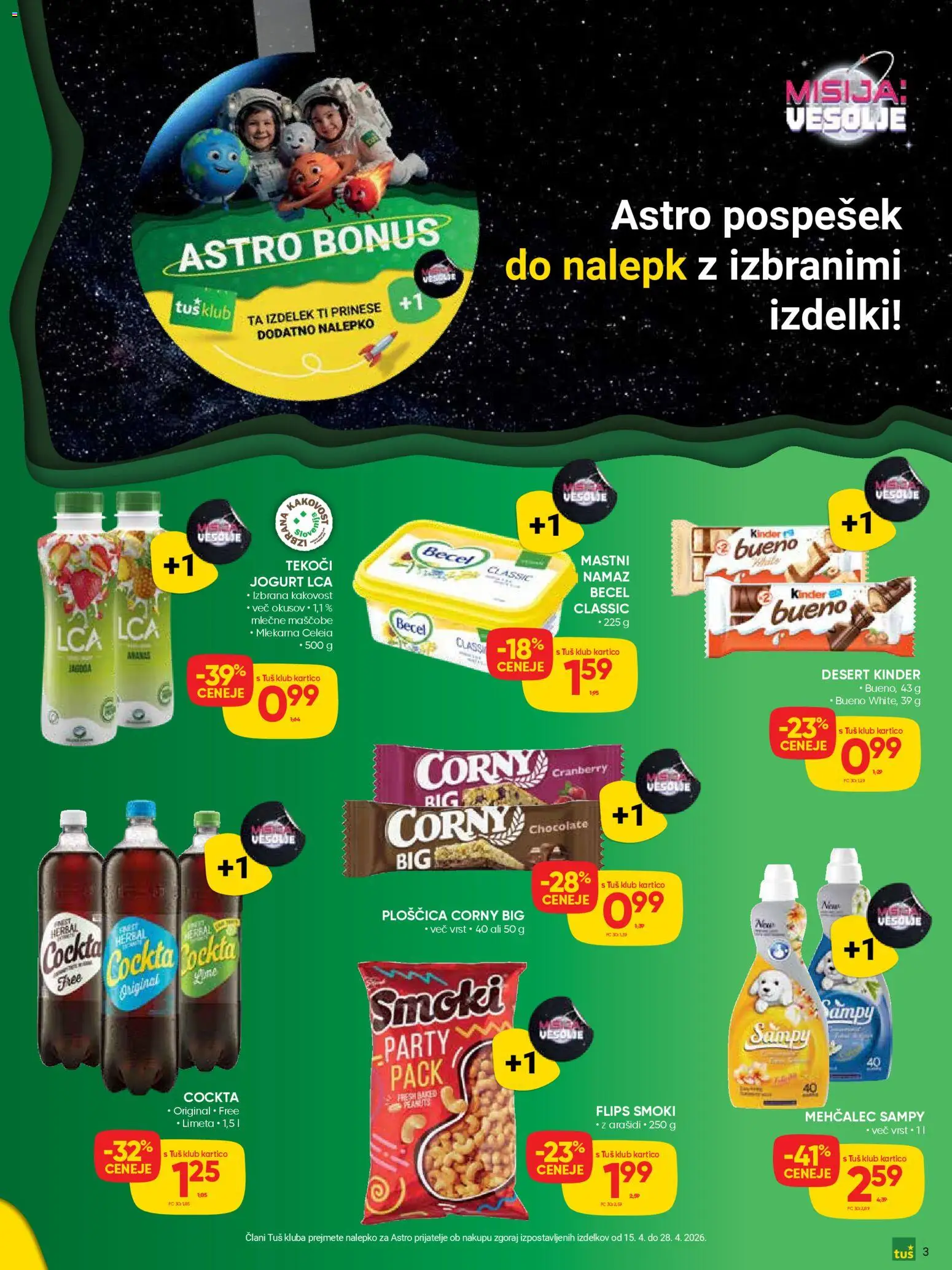 Novi Tuš katalog ponudbe – veljaven od 15.04.2026 | Stran: 3 | Izdelki: Limeta, Mehčalec, Flips, Jogurt