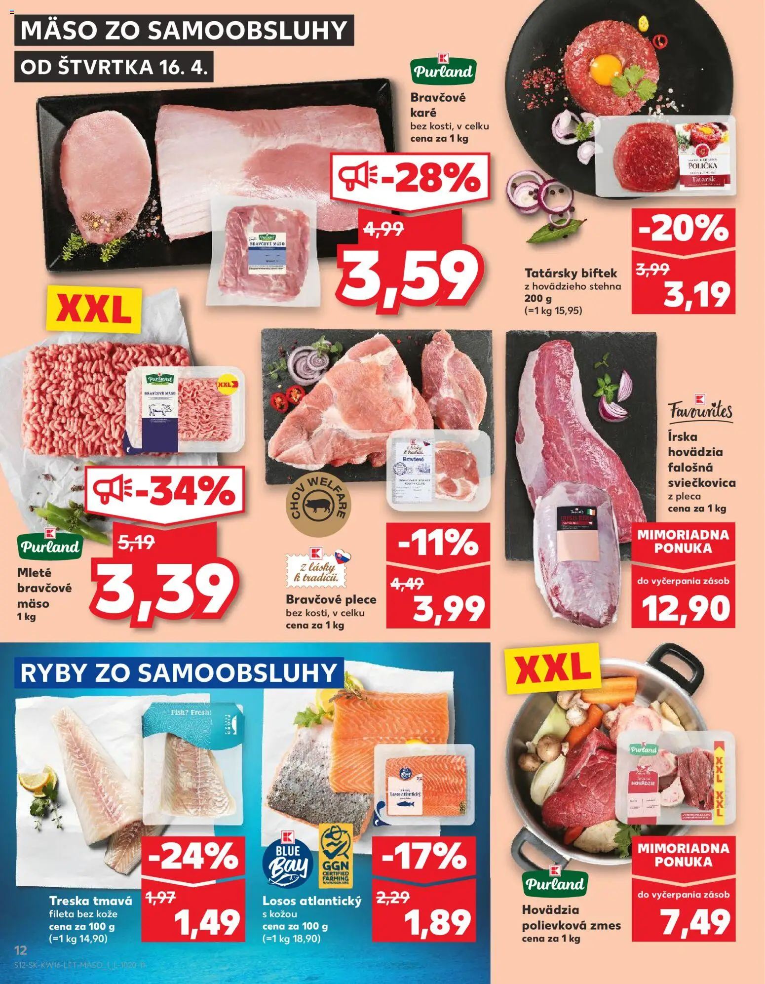 Nové Kaufland akcie – leták je platný od 16.04.2026 | Strana: 12 | Produkty: Bravčové plece, Losos, Bravčové mäso, Tatarák