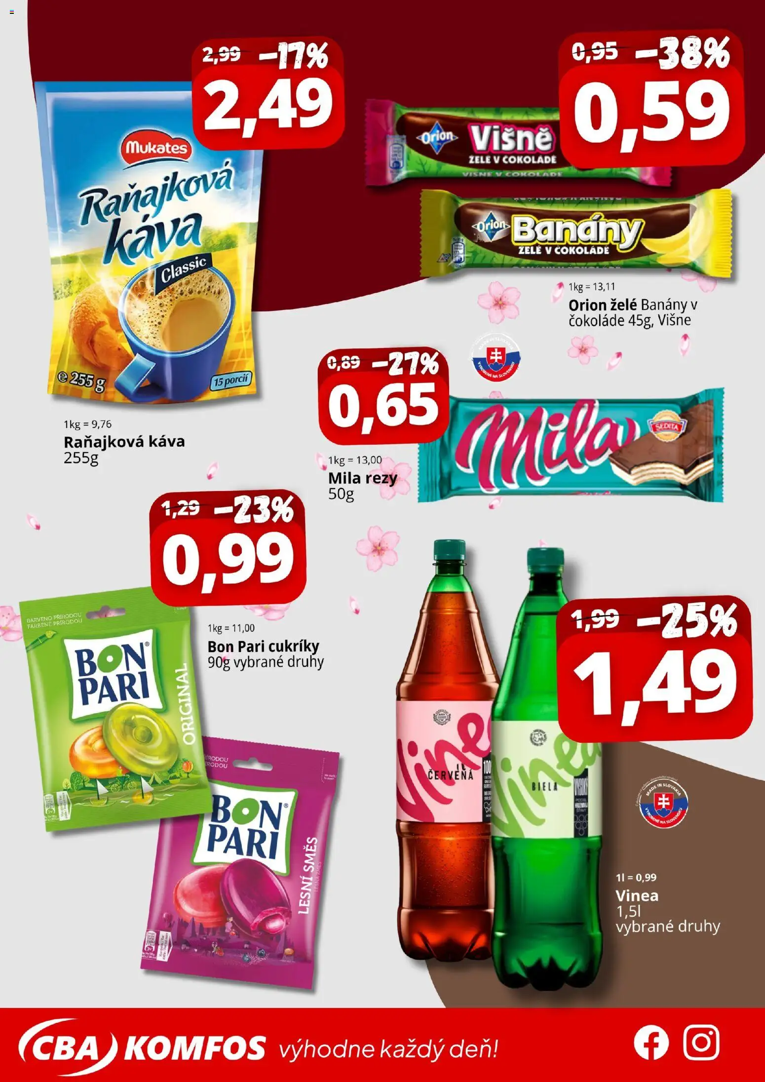 Nové CBA Komfos akcie – leták je platný od 07.05.2026 | Strana: 2 | Produkty: Káva, Banány v čokoláde, Cukríky, Mila
