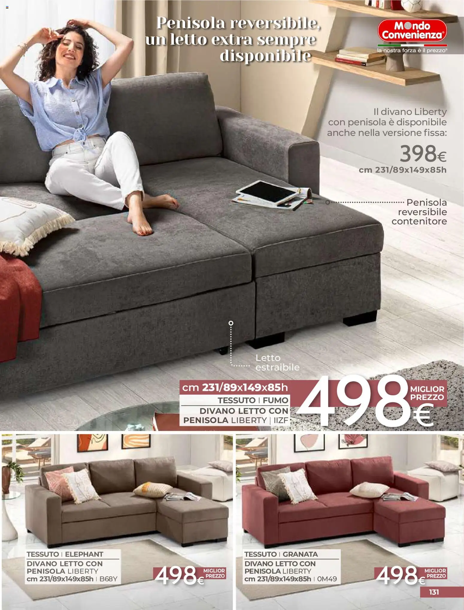 Volantino Mondo Convenienza del 01/09/2026 | Pagina: 133 | Prodotti: Divano letto, Contenitore, Letto, Divano
