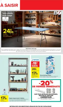Carrefour - Prévisualisation de Table pliante multi-usage, Table en polyéthylène Haute densité 1,3 g/cm³, épaisseur 3,5 cm. Structure tubulaire en acier thermolaqué D 22 x 1,0 mm avec revêtement de protection Epoxy. Dim. dépliée 180*70*74cm. Poids 9.85 kg. Banc en polyéthylène haute densité. Épaisseur 4.1 cm. Dim.: 53 x 45 x 78 cm, assise en polyéthylène haute densité, poids 3,1 kg à des prix différents. valide à partir de 04/08/2026 | Page: 62