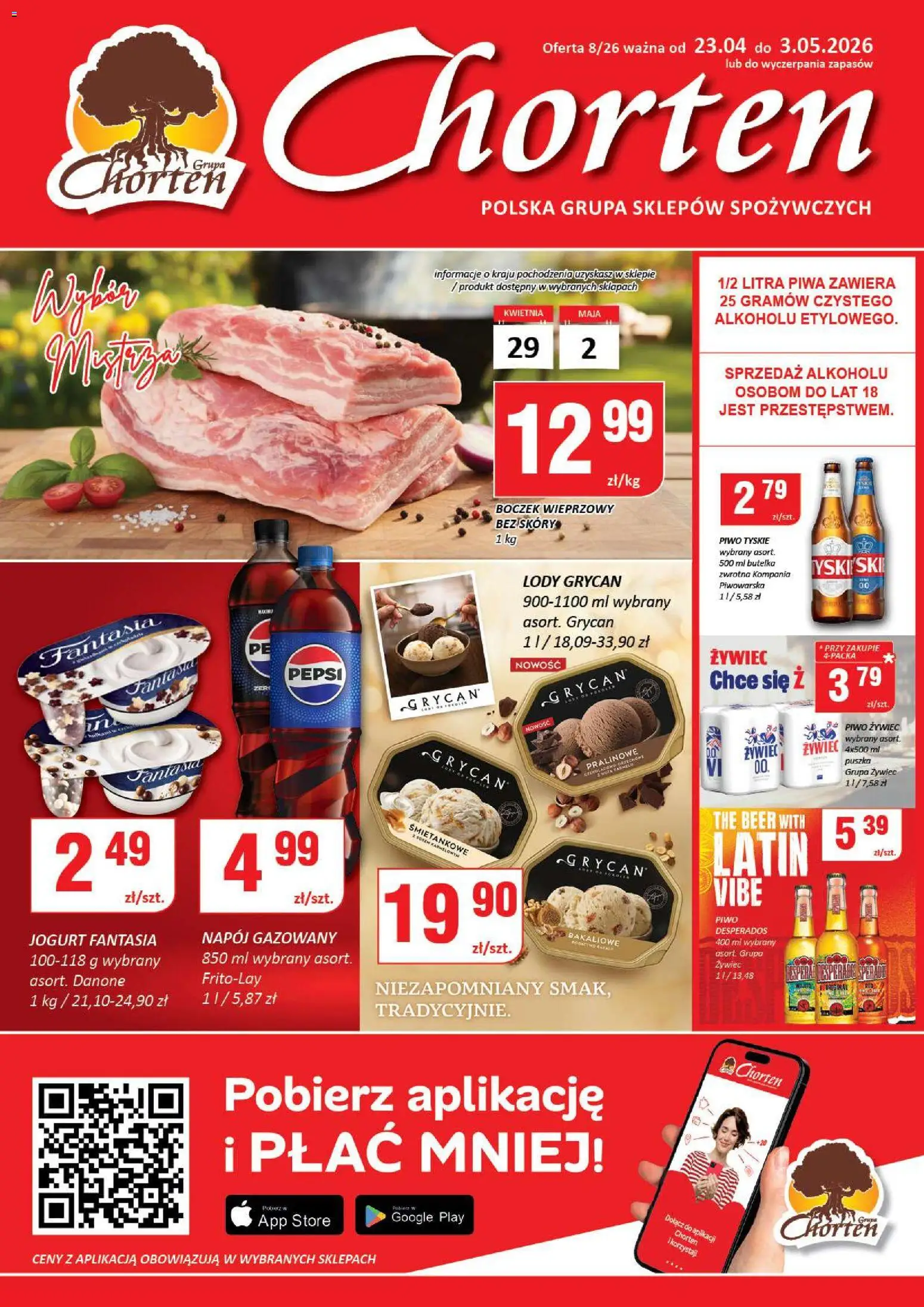 Chorten gazetka od 23.04.2026 | Strona: 1 | Produkty: Boczek, Tyskie, Piwo, Lody