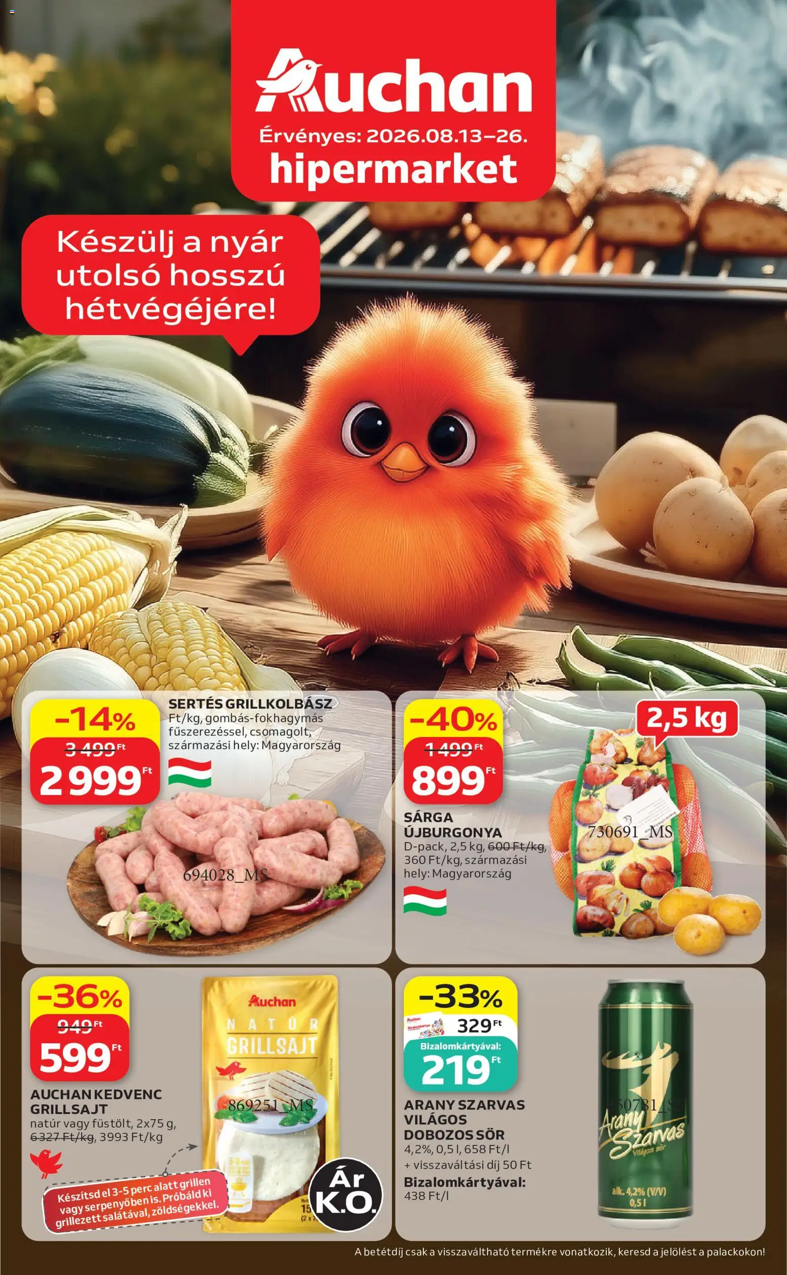 Auchan akciós ujság - amely érvényes a következő dátumtól: 2026.08.13. | Oldal: 1 | Termékek: Grillkolbász, Grill, Dobozos sör, Sör