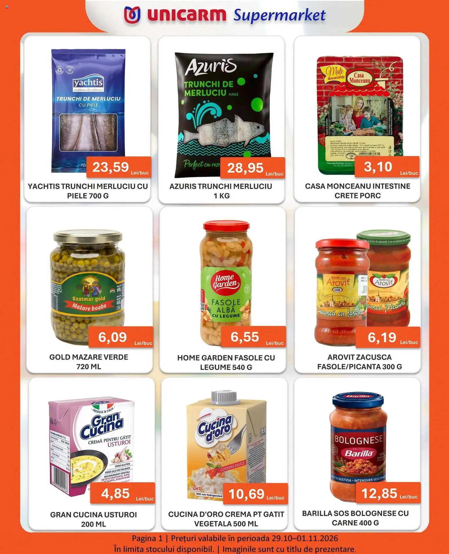 Noul catalog Unicarm – valabil de la 29.10.2026 | Pagină: 1 | Produse: Mazăre, Cremă, Trunchi, Sos
