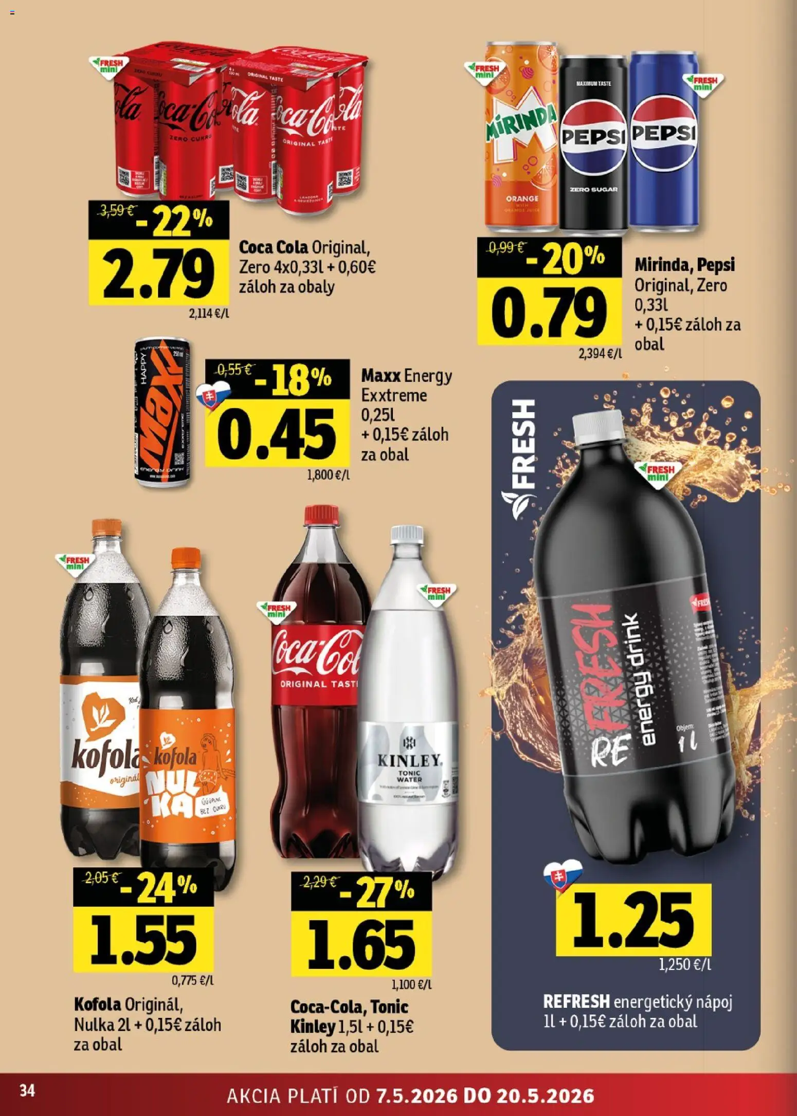 Nové Fresh akcie – leták je platný od 07.05.2026 | Strana: 34 | Produkty: Coca cola, Mirinda, Cola, Energetický nápoj