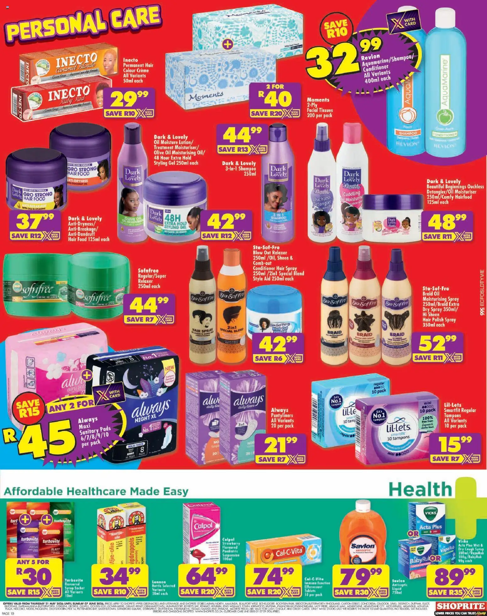 New Shoprite catalogue – valid from 21.05.2026 | Page: 10 | Products: Pads, Oil, Conditioner, Lotion