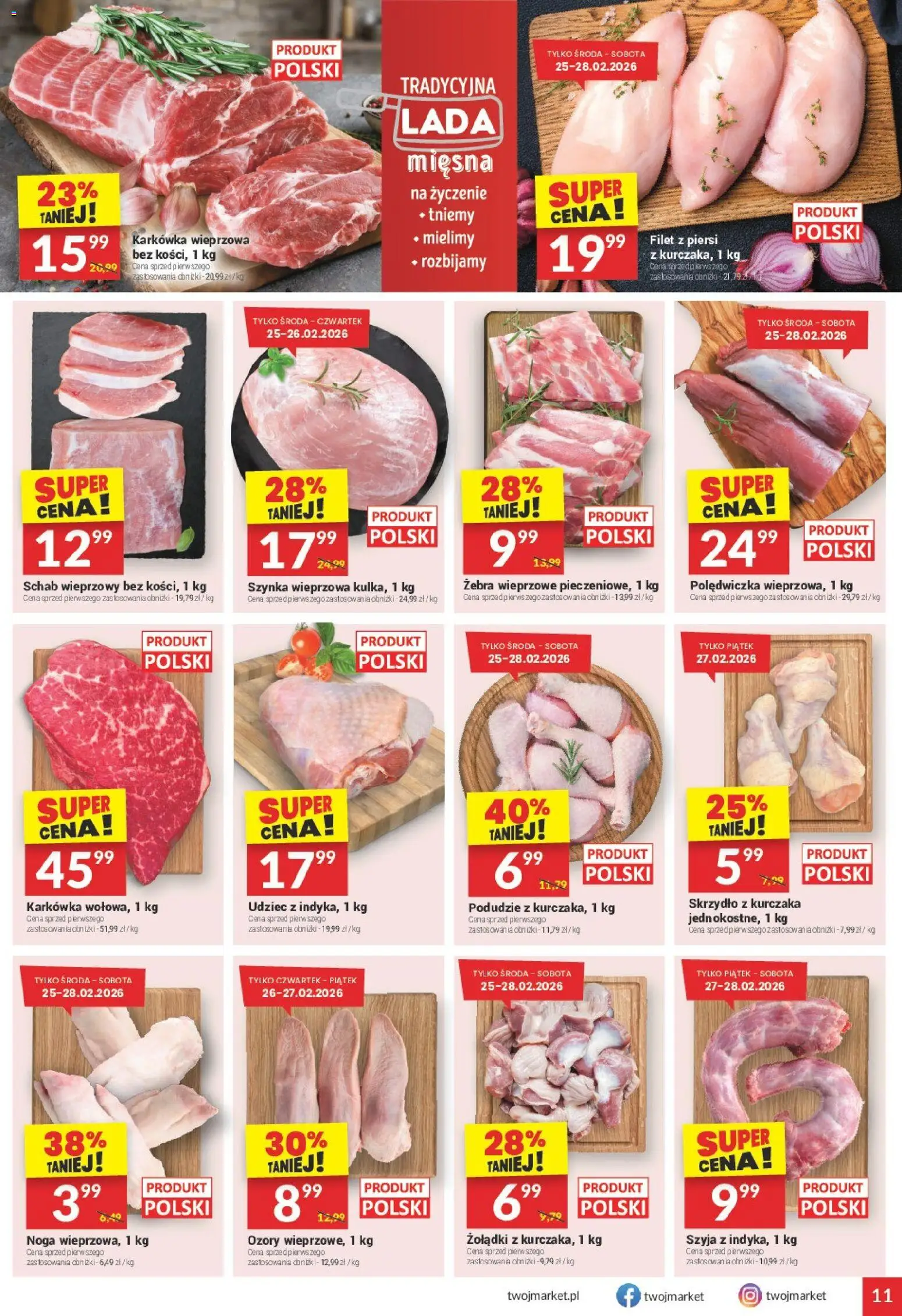 Twój Market Gazetka od 25.02.2026 | Strona: 11 | Produkty: Karkówka, Schab, Karkówka wieprzowa, Szynka