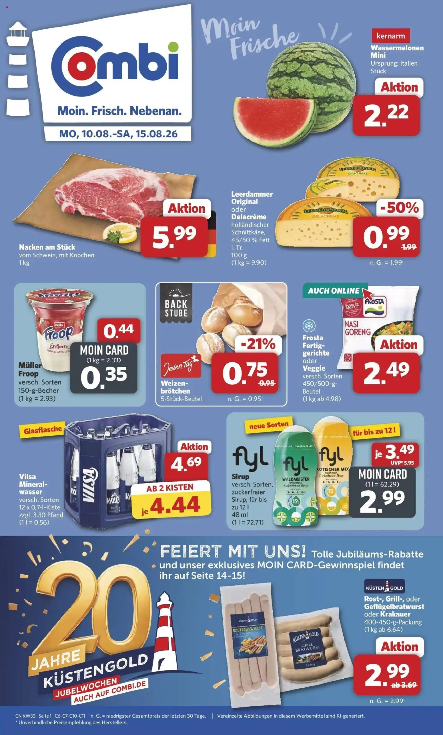 Combi Prospekt Celle (ab 10.08.2026) zum Blättern | Seite: 1 | Produkte: Grill, Bratwurst, Leerdammer, Wasser