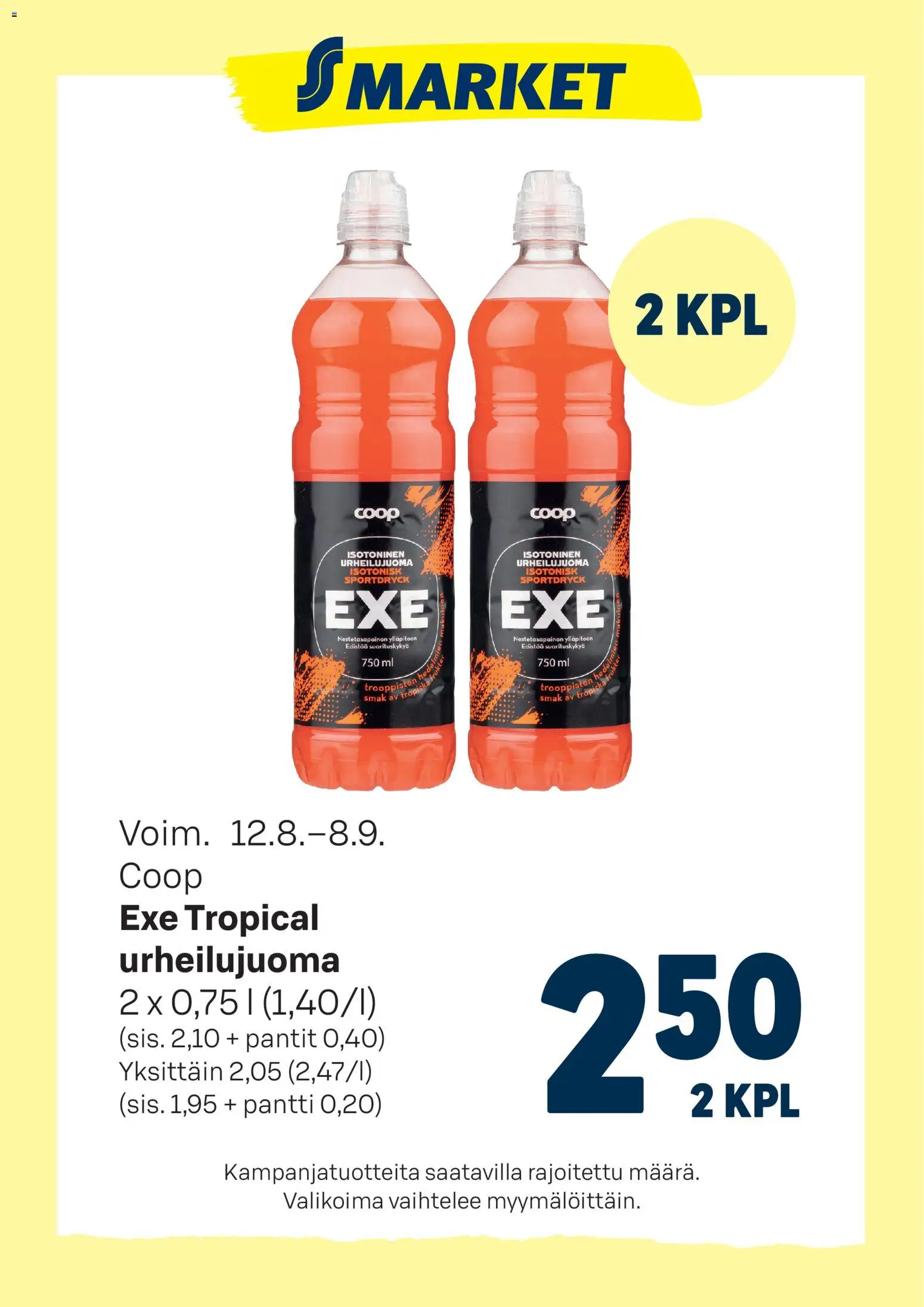 S-market tarjoukset Coop Exe tropical – voimassa 12/08/2026 alkaen | Sivu: 1 | Tuotteet: Urheilujuoma