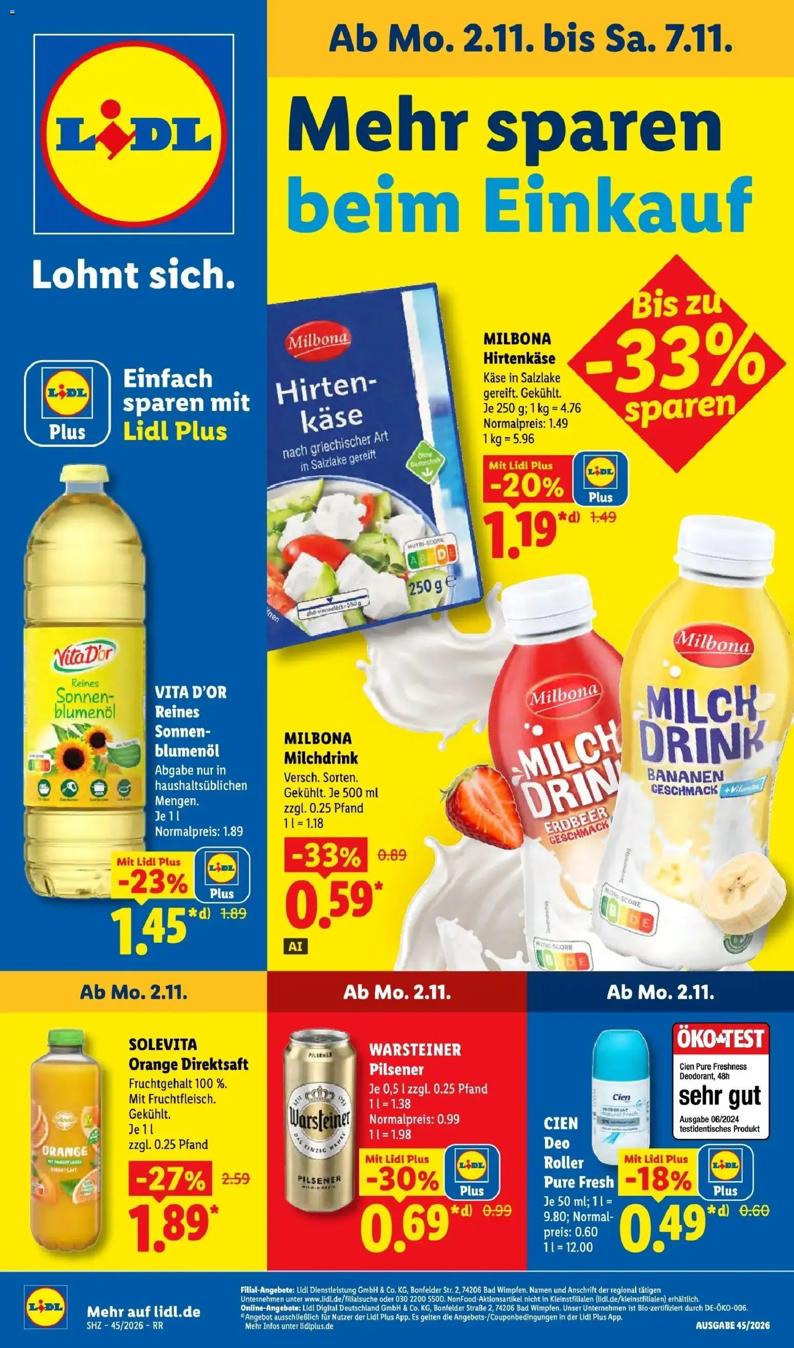Lidl Prospekt Zülpich (ab 02.11.2026) zum Blättern » Angebote | Seite: 1 | Produkte: Milch, Bad, Bananen, Deodorant