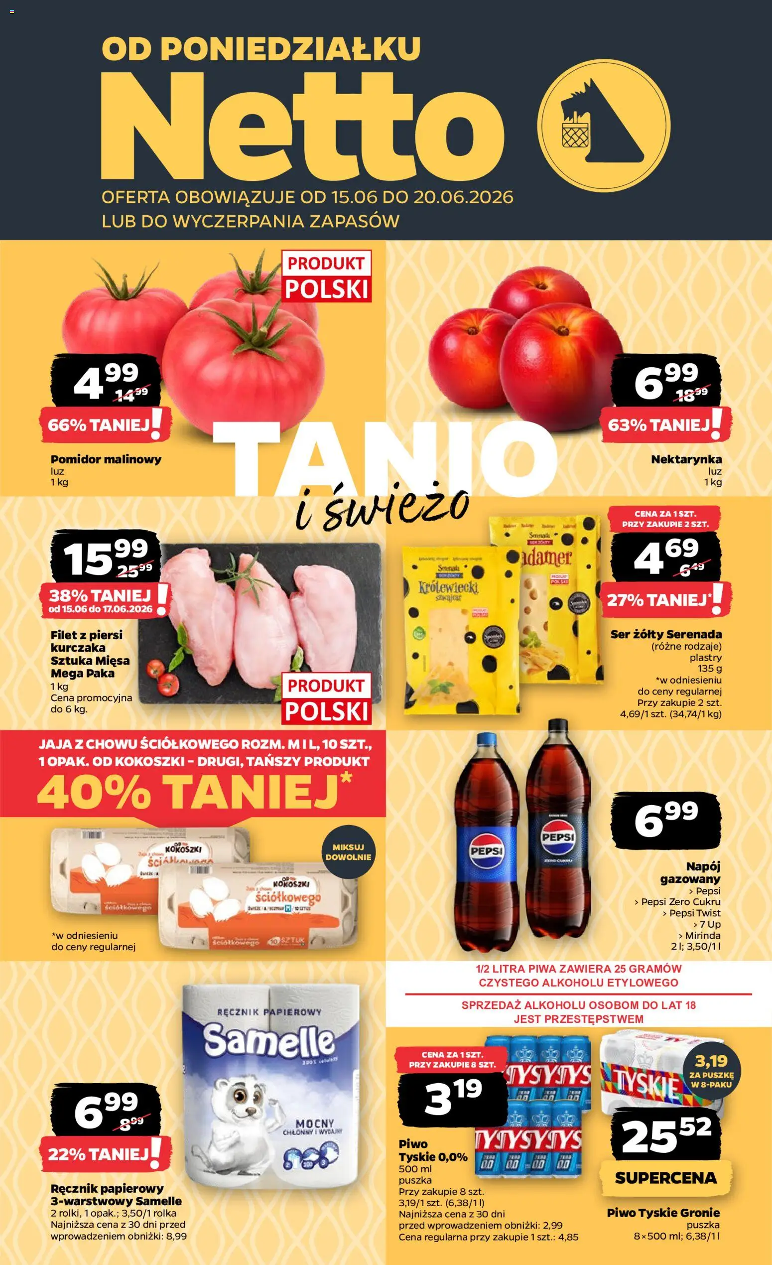Netto gazetka od poniedziałku spożywcza od 15.06.2026 | Strona: 1 | Produkty: Nektarynka, Pepsi, Piwo, Jaja