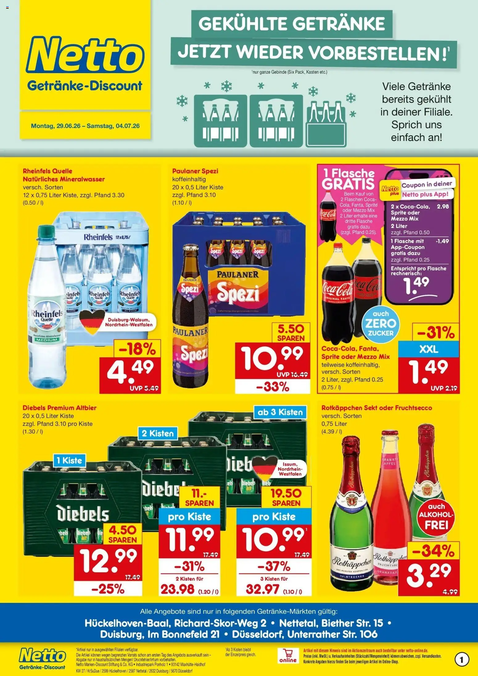 Netto Marken-Discount Prospekt Duisburg – gültig ab 29.06.2026 | Seite: 1 | Produkte: Rotkappchen sekt, Sprite, Diebels, Rotkäppchen