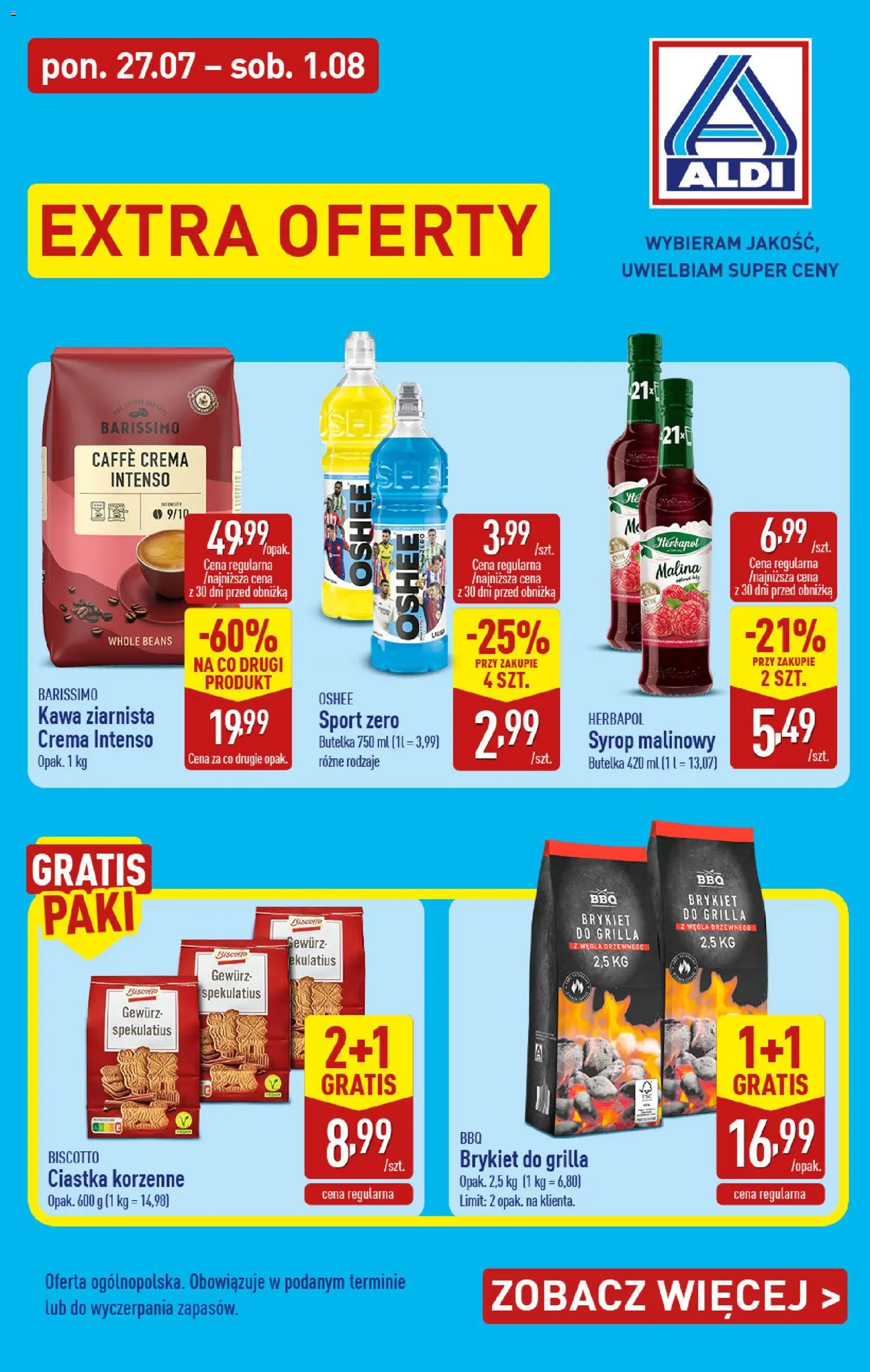Aldi gazetka - Extra oferta od 27.07.2026 | Strona: 1 | Produkty: Malina, Kawa ziarnista, Kawa, Ciastka