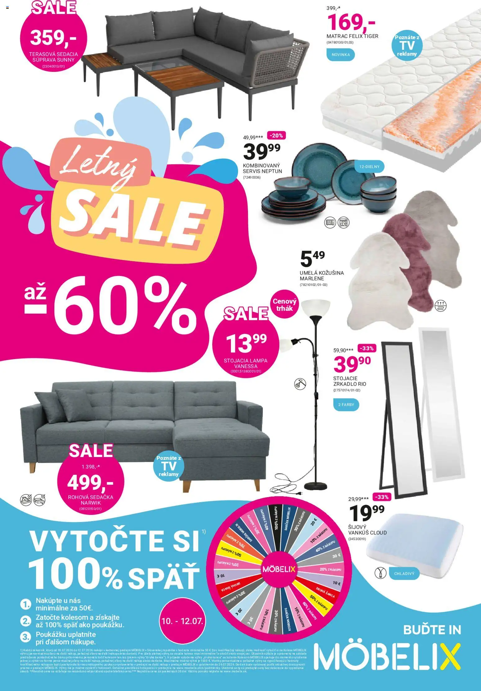 Nové Möbelix akcie – leták je platný od 06.07.2026 | Strana: 1 | Produkty: Matrac, Rohová sedačka, Sedačka, Vankúš