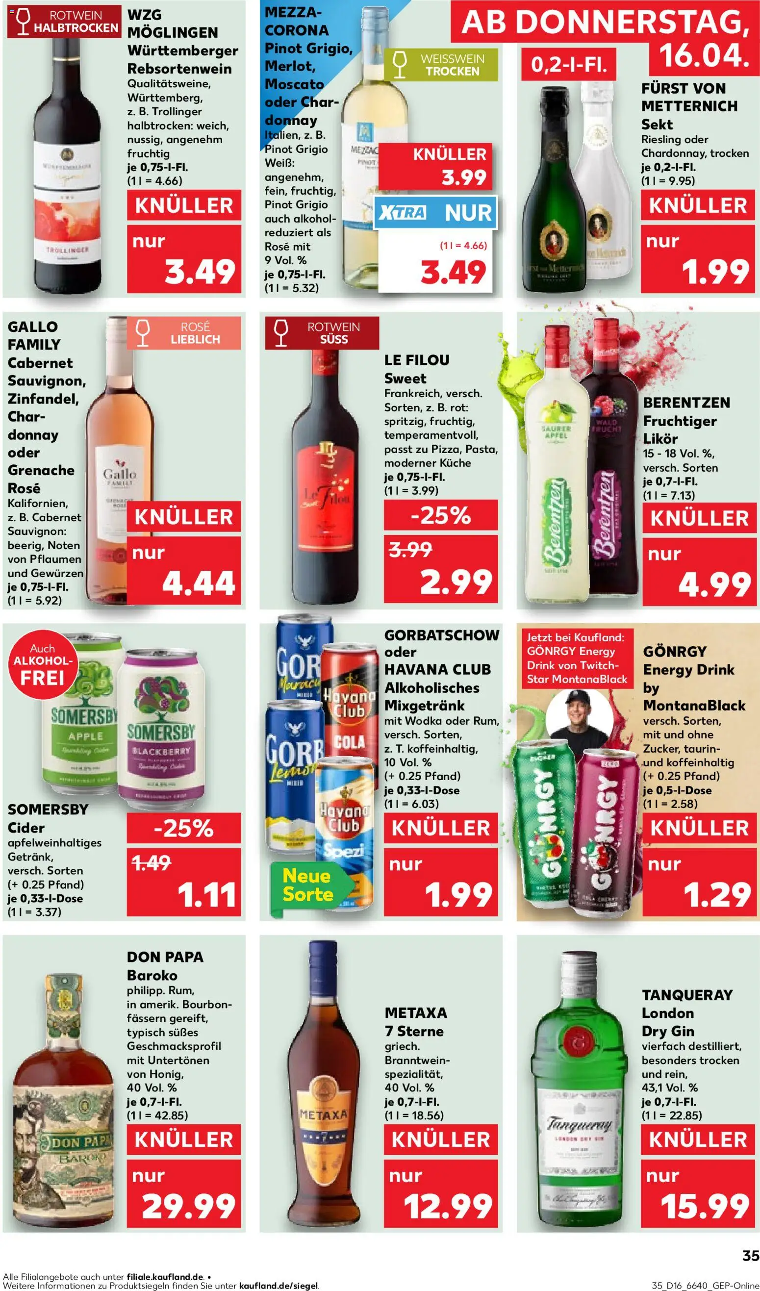 Kaufland Německo leták od 16.04.2026 | Strana: 35 | Produkty: Gin, Cider, Metaxa, Don Papa Baroko