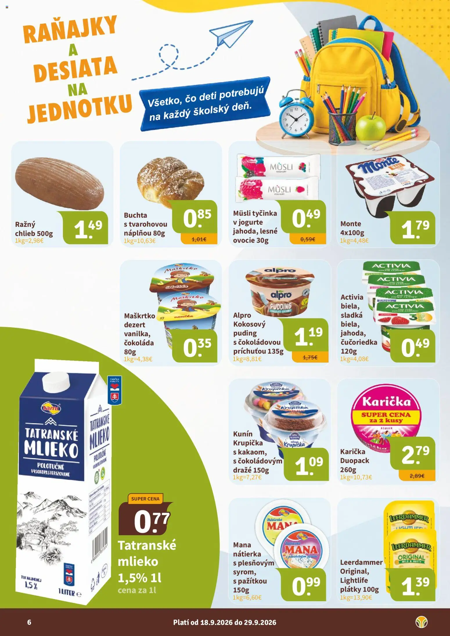Nové Nitrazdroj akcie – leták je platný od 18.09.2026 | Strana: 6 | Produkty: Müsli tyčinka, Nátierka, Dezert, Ovocie