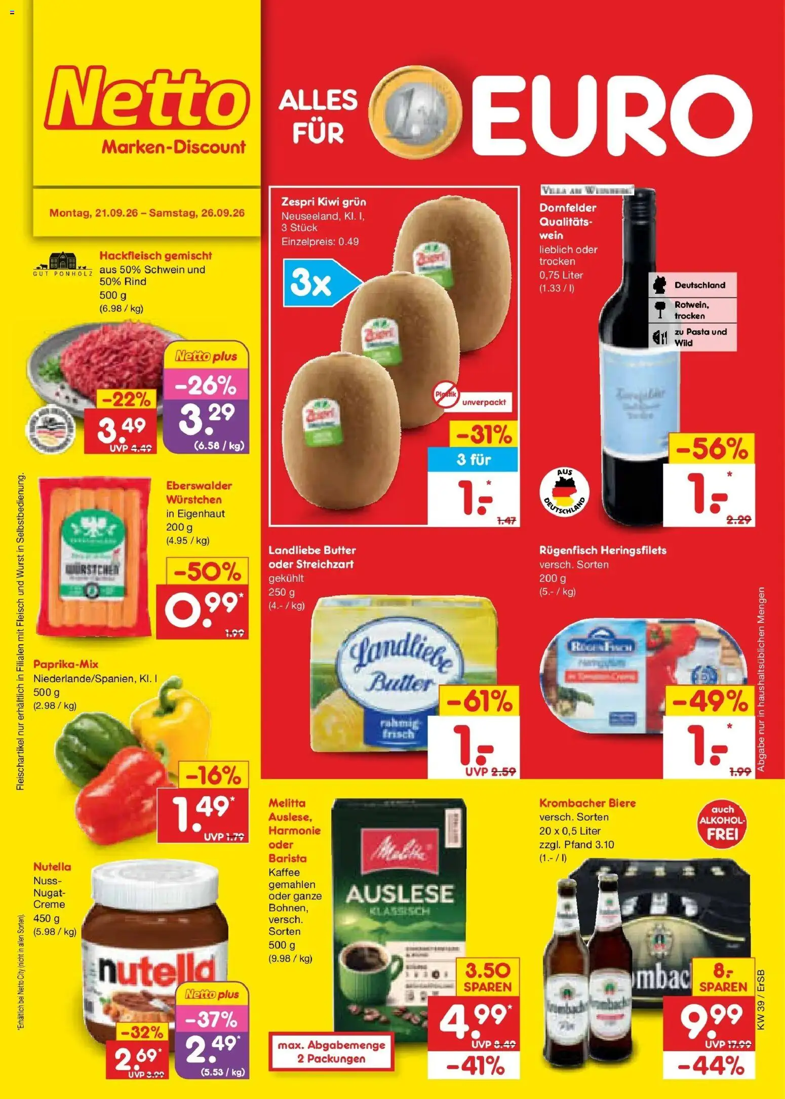 Netto Marken-Discount Prospekt Naumburg – gültig ab 21.09.2026 | Seite: 1 | Produkte: Landliebe butter, Nutella, Kiwi, Fleisch