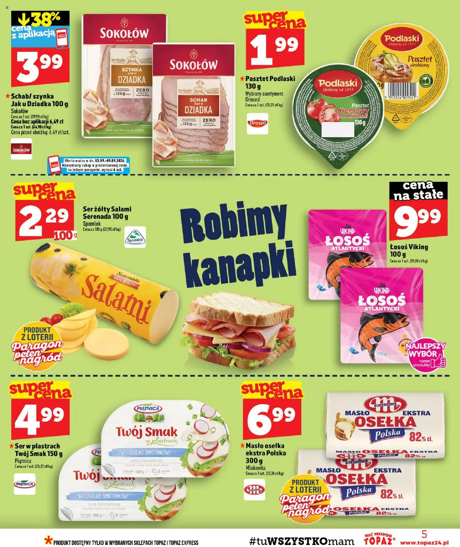 Topaz gazetka - MAZ od 03.09.2026 | Strona: 5 | Produkty: Ser w plastrach, Ser żółty, Piątnica, Łosoś