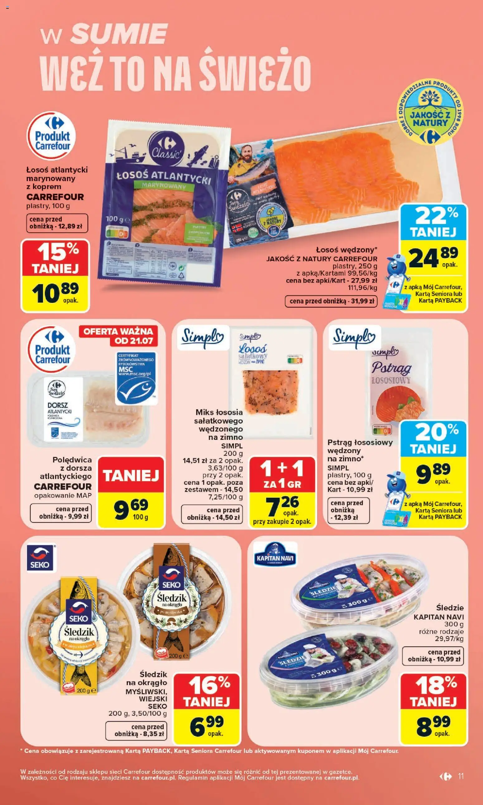 Carrefour gazetka od 20.07.2026 | Strona: 13 | Produkty: Łosoś atlantycki, Dorsz atlantycki, Dorsz, Pstrąg łososiowy