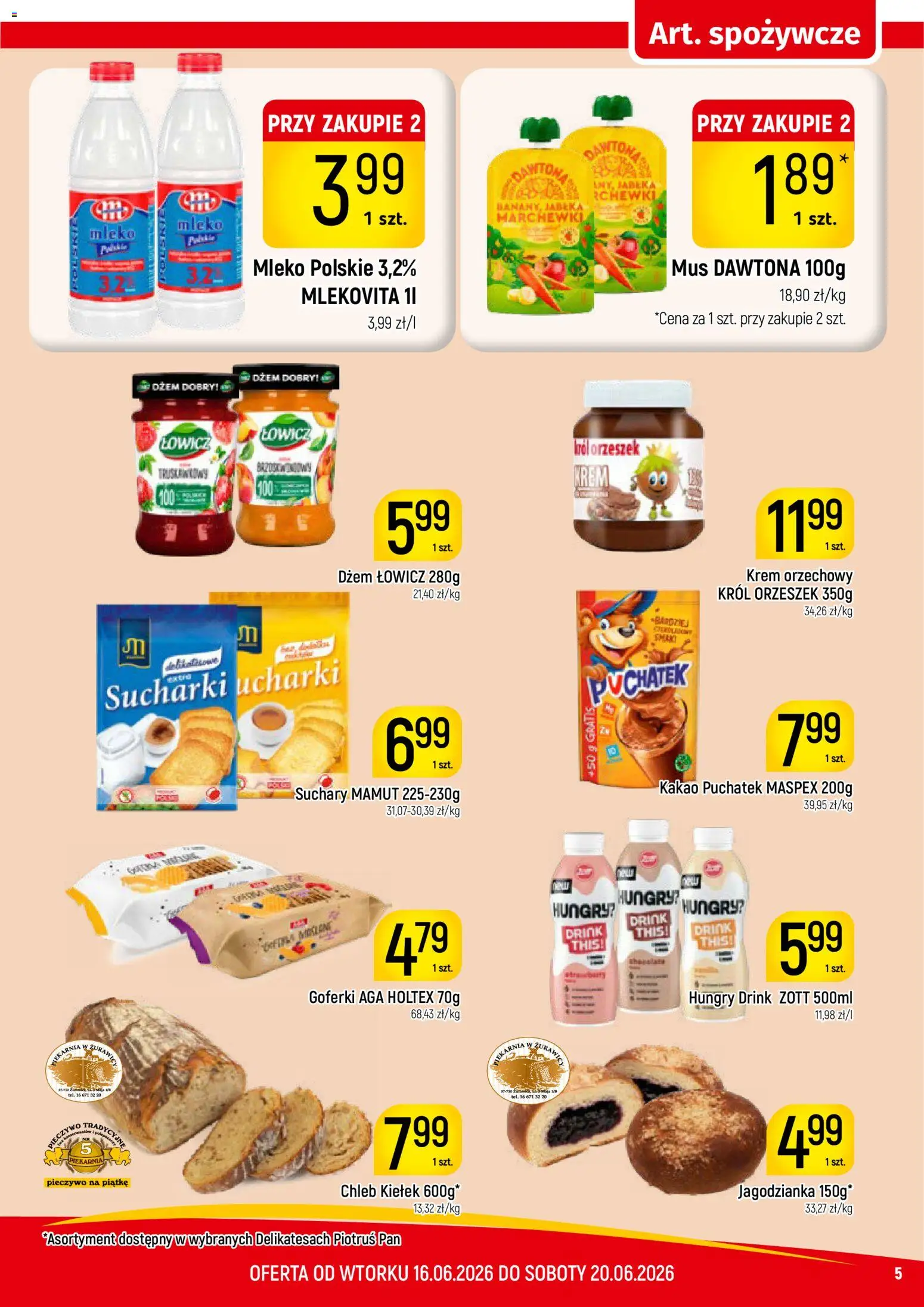 Piotruś Pan gazetka od 16.06.2026 | Strona: 5 | Produkty: Pieczywo, Kakao, Krem orzechowy, Jabłka