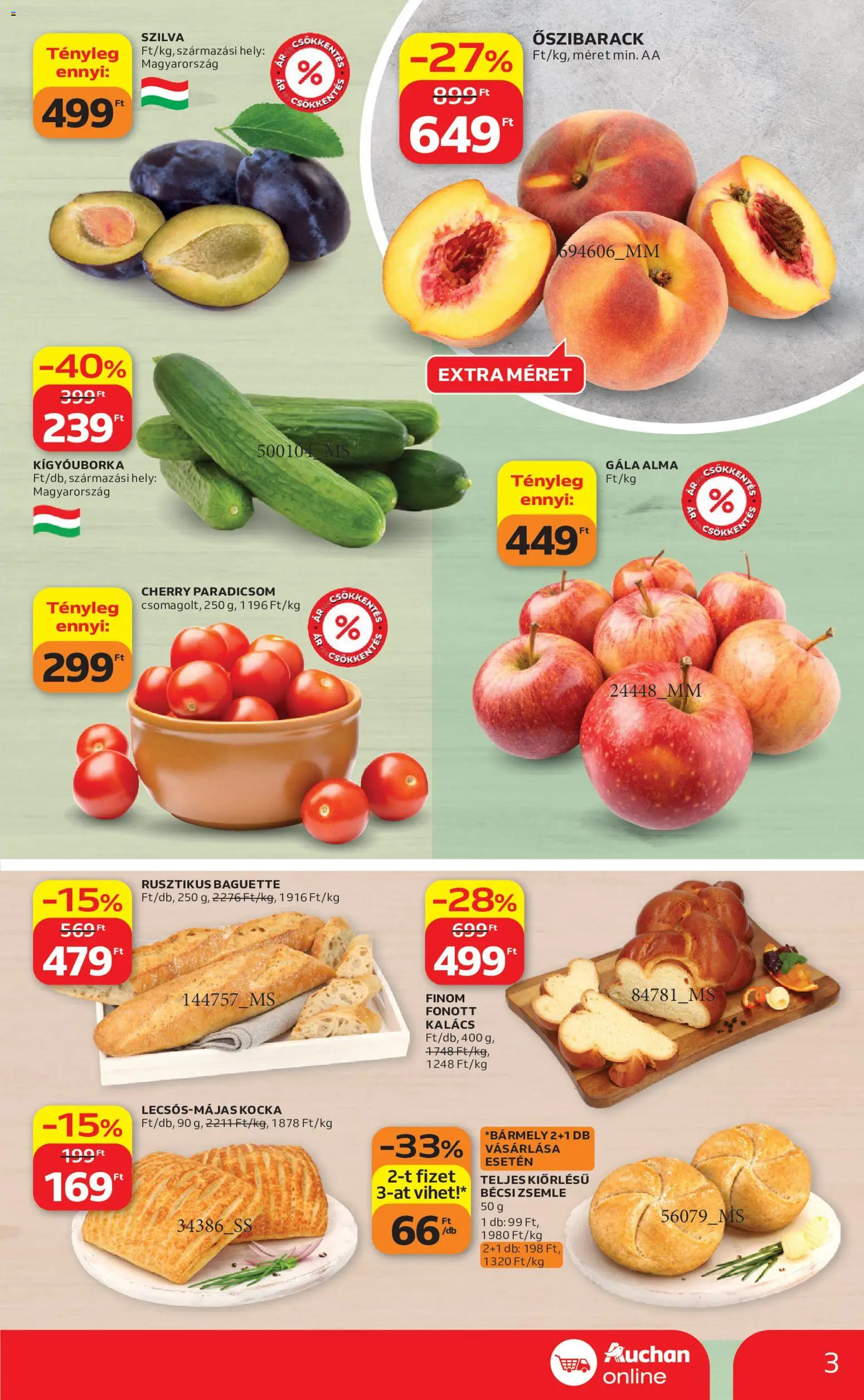 Auchan akciós ujság - amely érvényes a következő dátumtól: 2026.08.27. | Oldal: 3 | Termékek: Kígyóuborka, Szilva, Kalács, Paradicsom