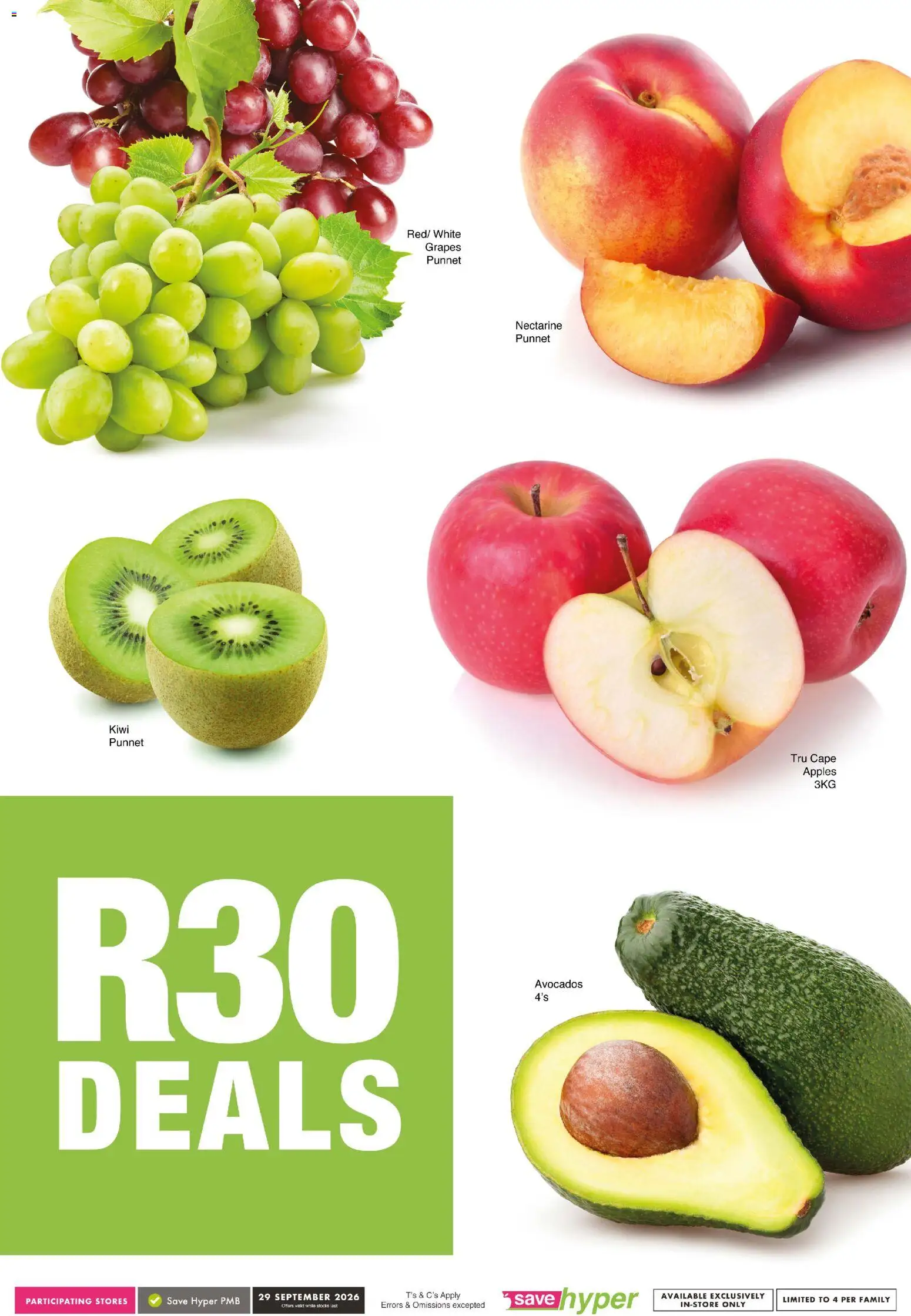 New Save catalogue – valid from 29/09/2026 | Page: 4 | Products: Apples, Kiwi, Avocados, Grapes