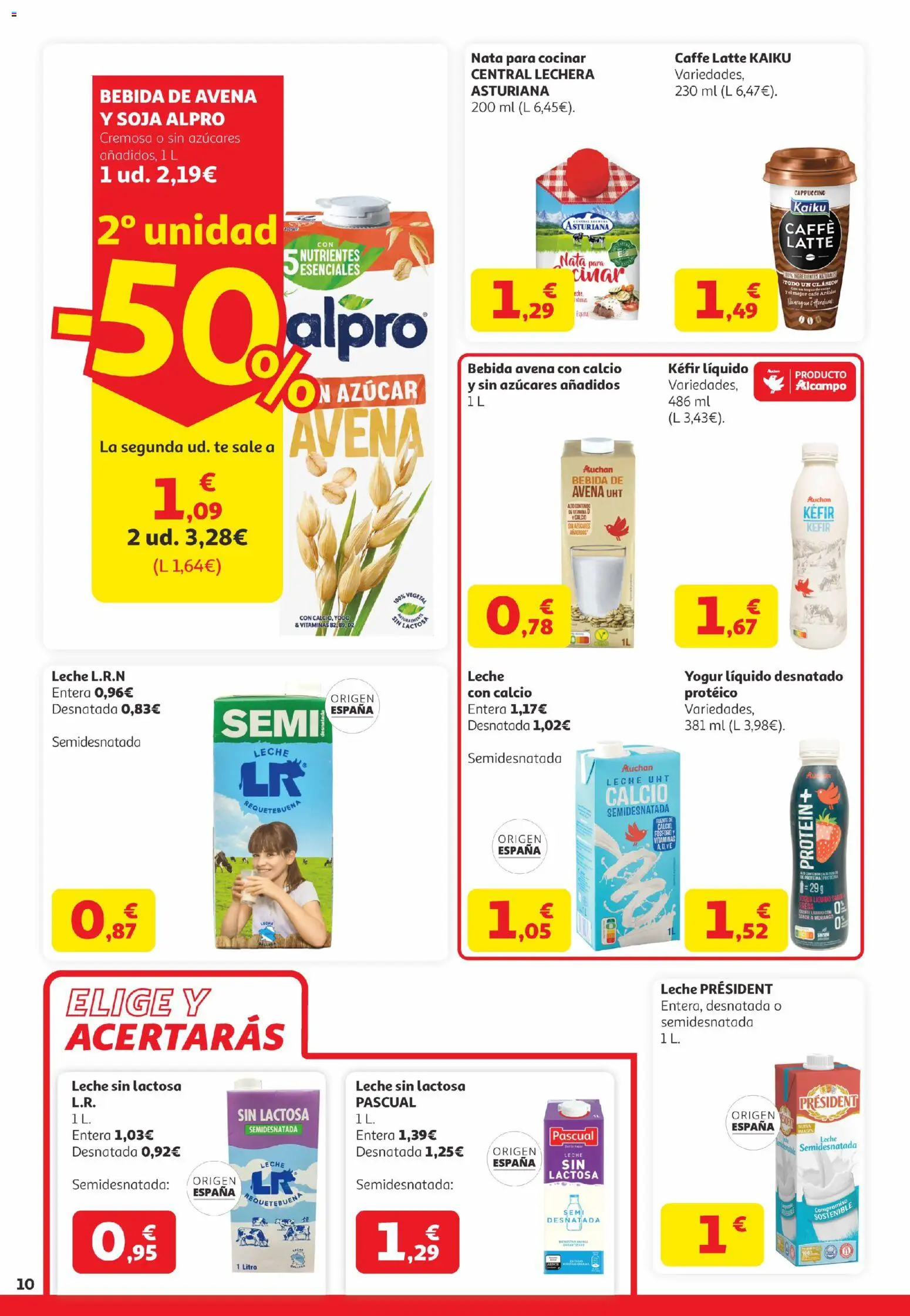 Alcampo Canarias │ válido desde el 21.04.2026 | Página: 10 | Productos: Leche desnatada, Leche sin lactosa, Yogur, Bebida de avena