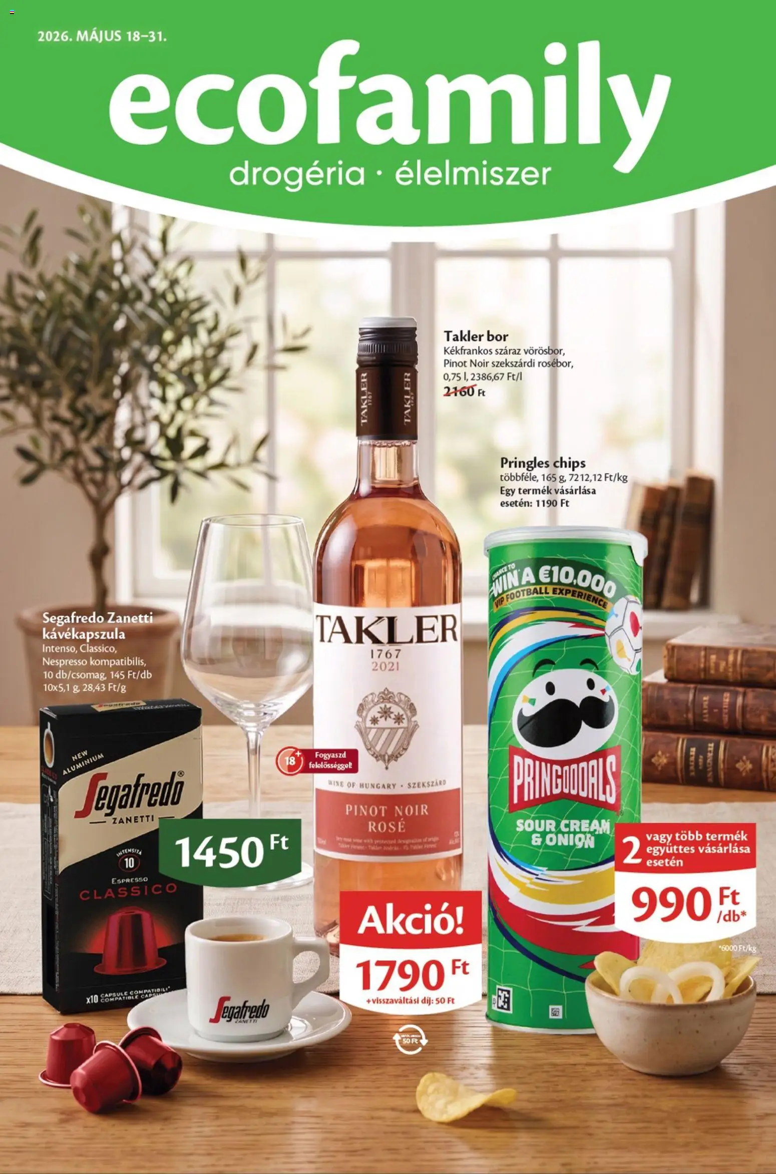 EcoFamily akciós ujság - amely érvényes a következő dátumtól: 18.05.2026 | Oldal: 1 | Termékek: Chips, Pringles, Kávékapszula, Bor