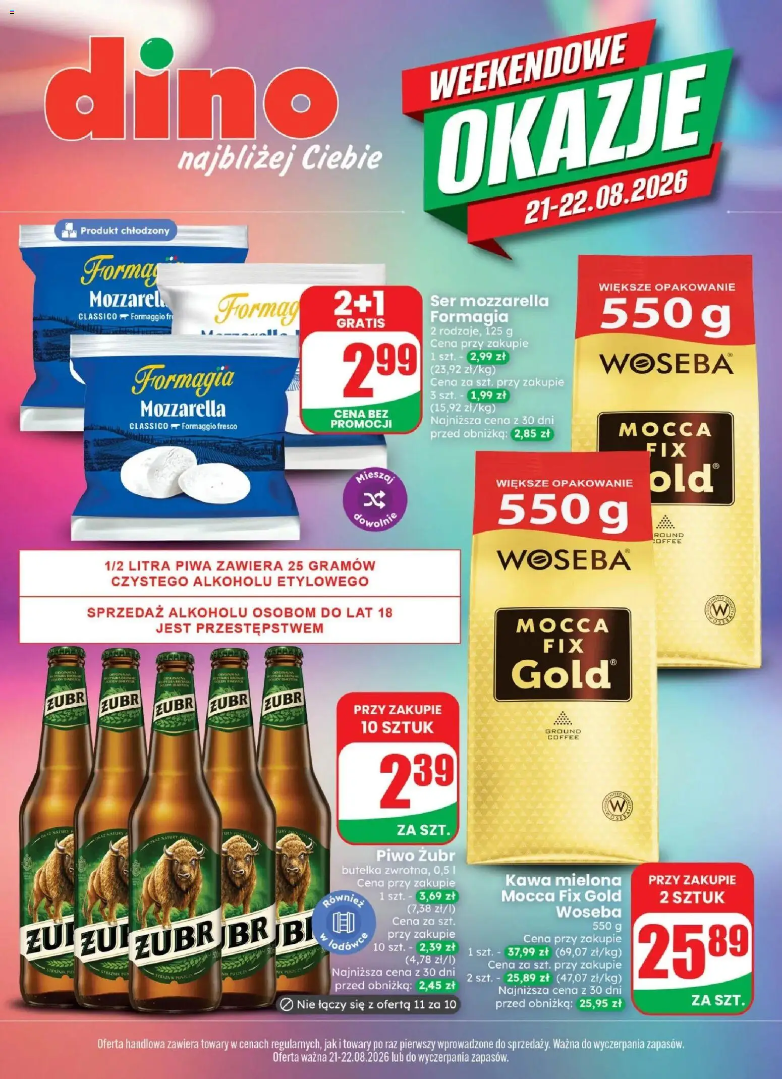 Dino gazetka - Weekendowe Okazje od 21.08.2026 | Strona: 1 | Produkty: Piwo żubr, Ser, Fresco, Mozzarella